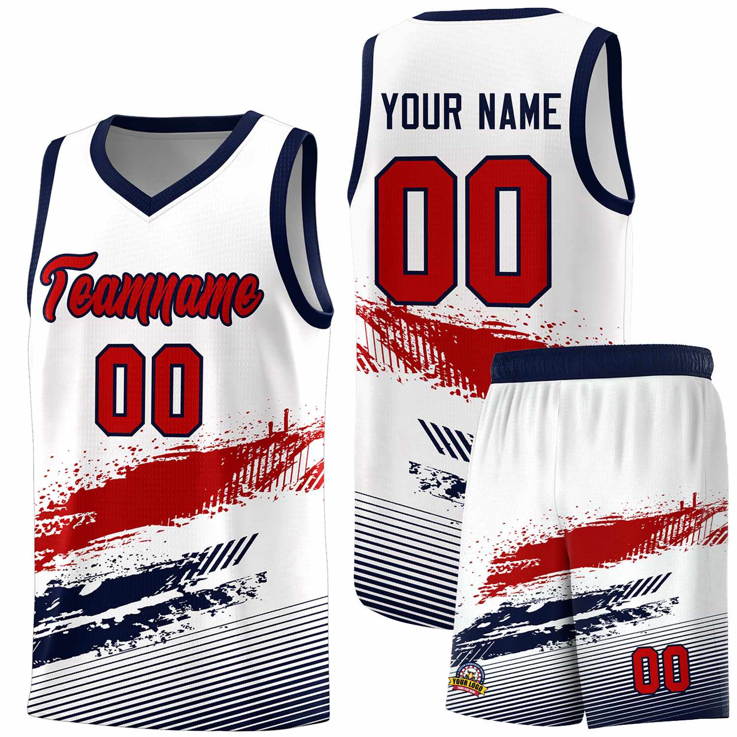 Custom White Red and Navy Graffiti Pattern Sports Uniform Basketball Jersey