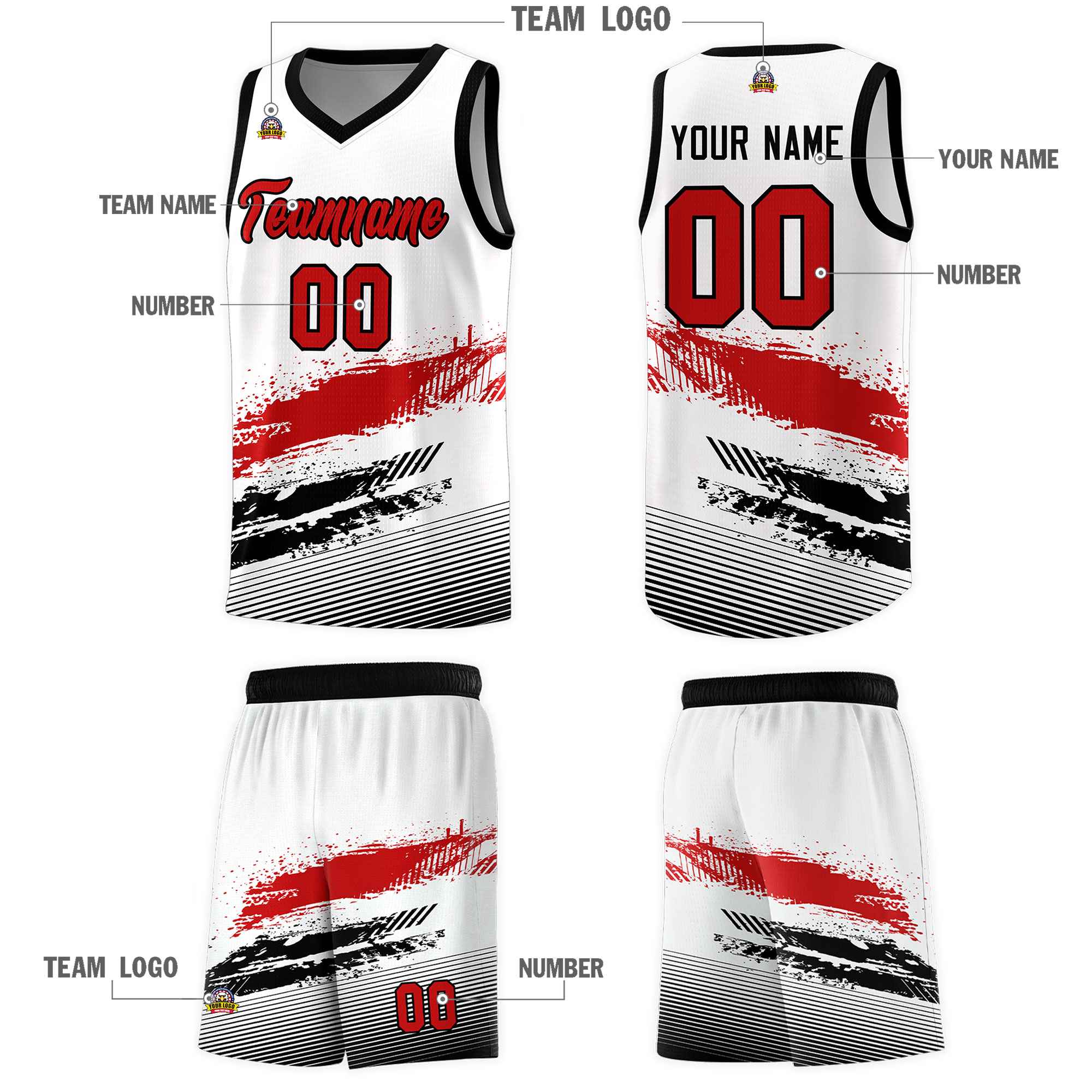 Custom White Red and Black Graffiti Pattern Sports Uniform Basketball Jersey