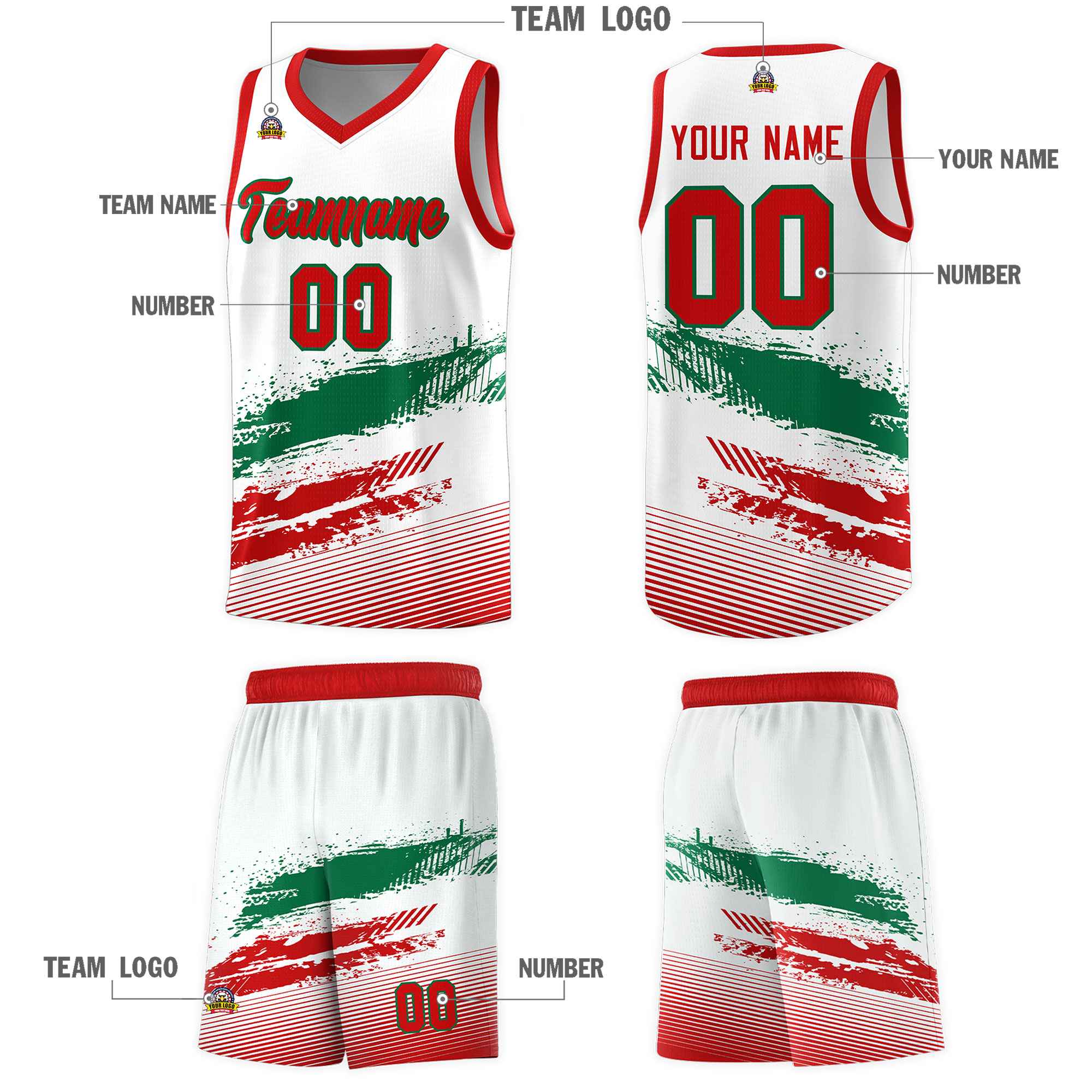 Custom White Kelly Green and Red Graffiti Pattern Sports Uniform Basketball Jersey