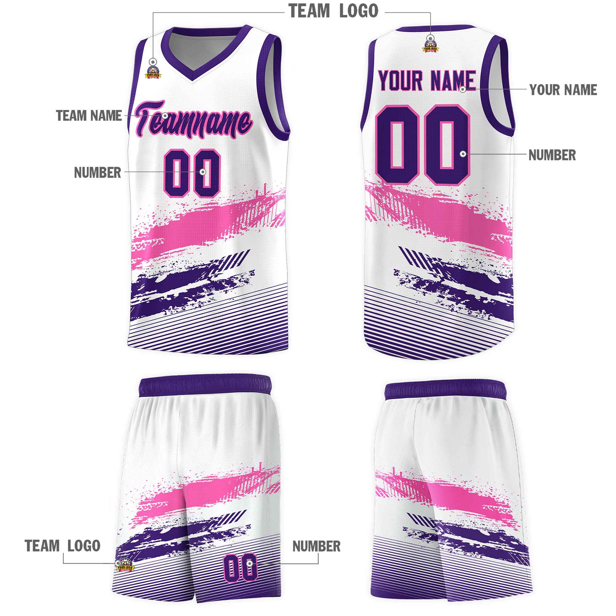 Custom White Pink and Purple Graffiti Pattern Sports Uniform Basketball Jersey