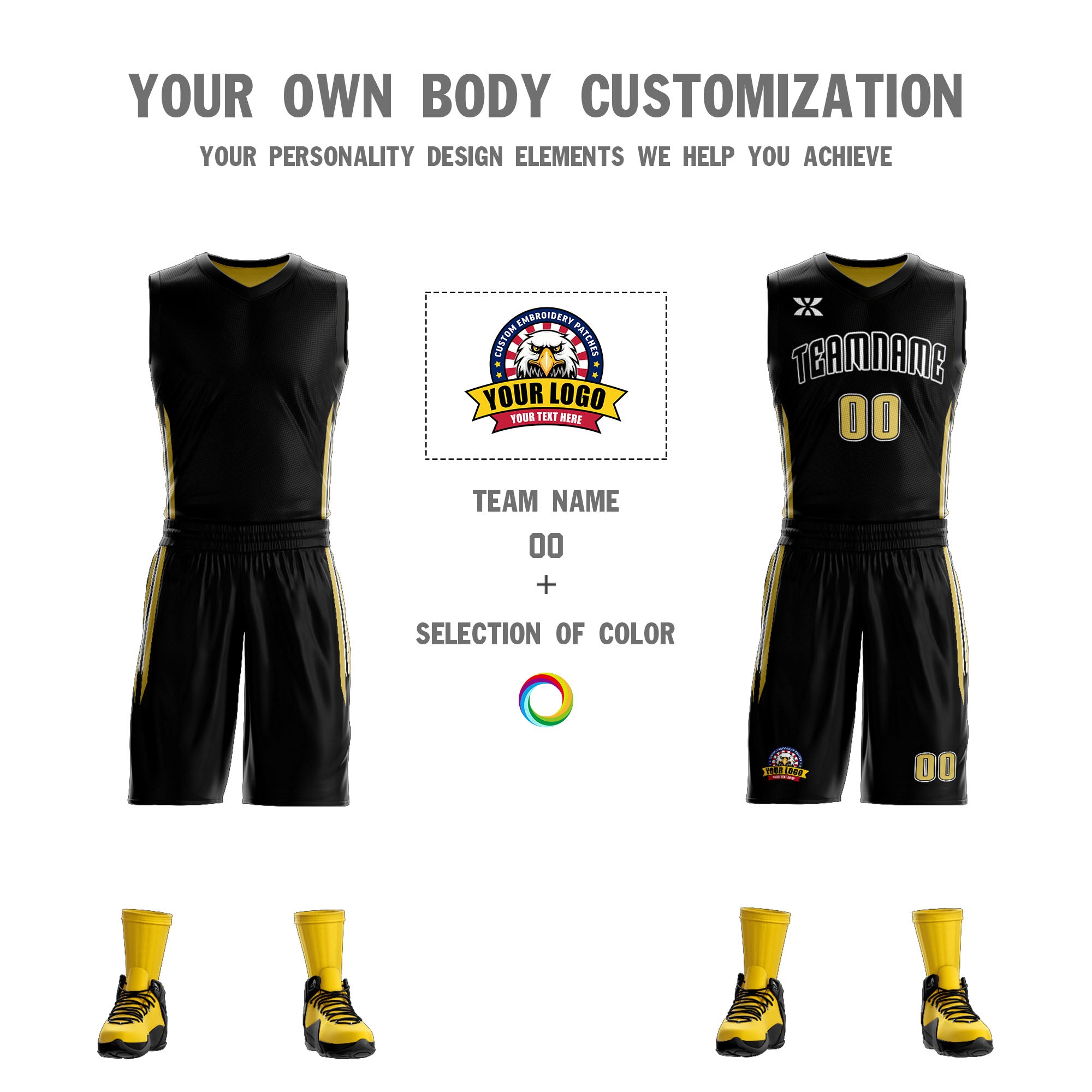 Le double côté jaune noir fait sur commande place le maillot de basket-ball de vêtements de sport de conception