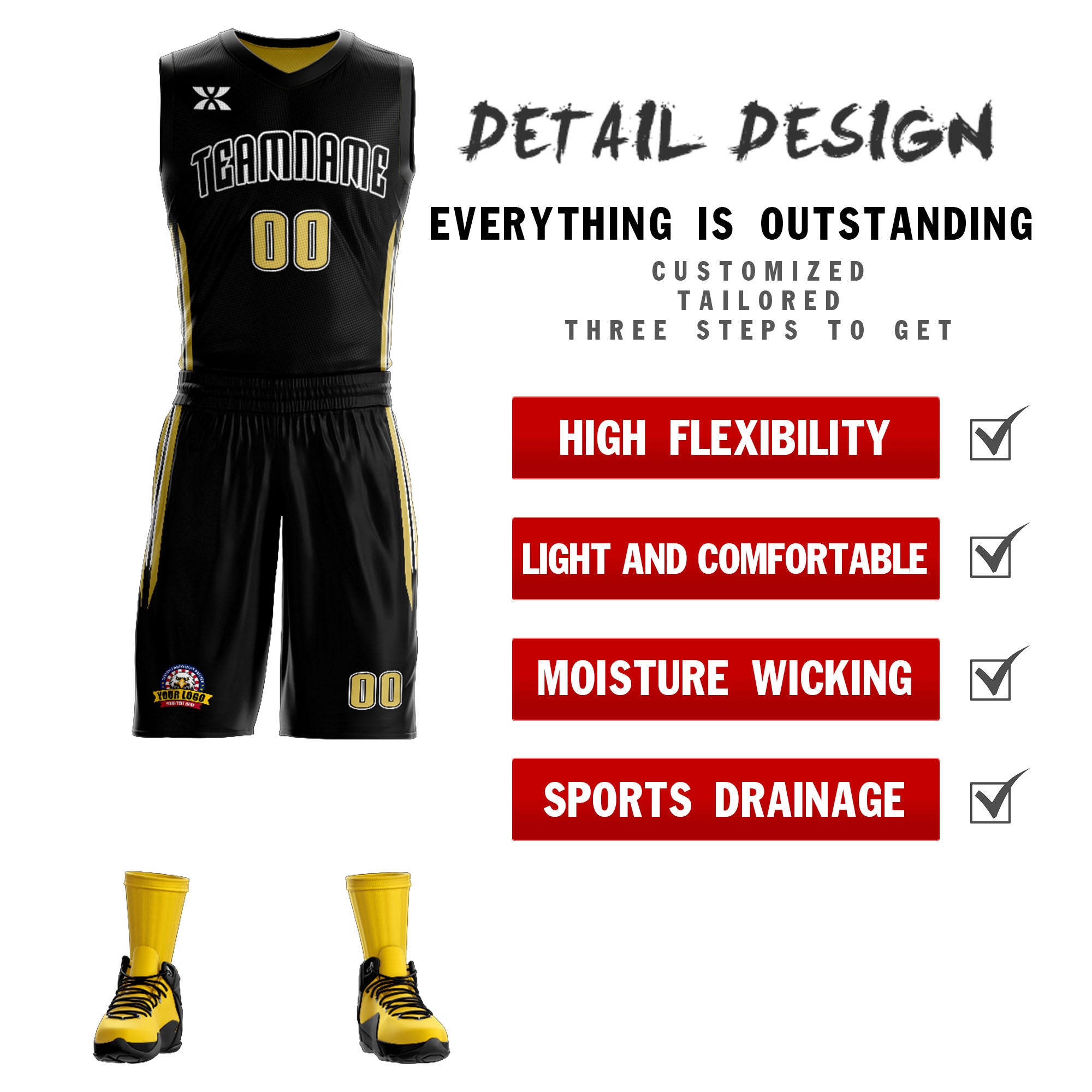 Custom Black Old Gold Double Side Sets Design Sportswear Basketball Jersey