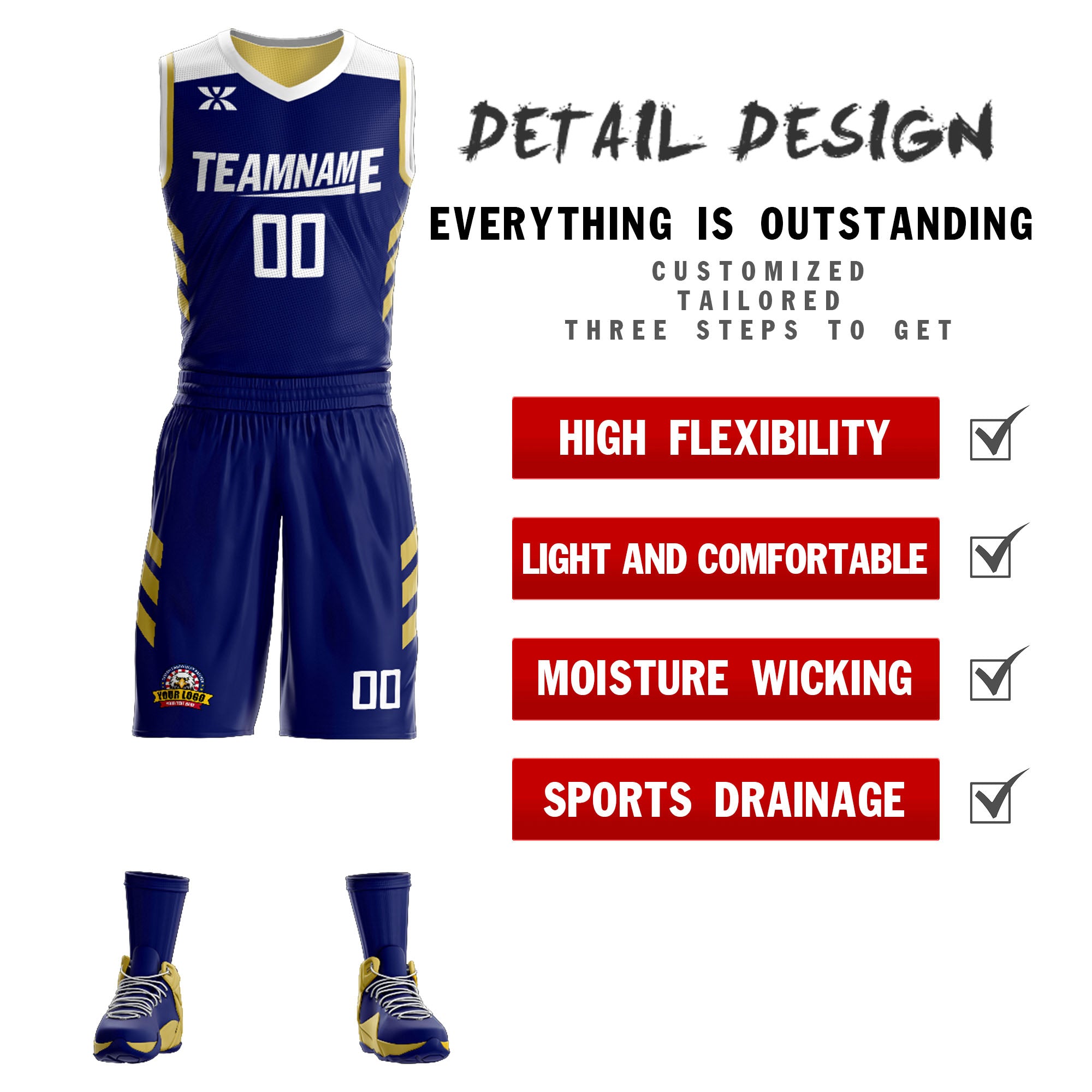 Custom Navy Old Gold Double Side Sets Design Sportswear Basketball Jersey