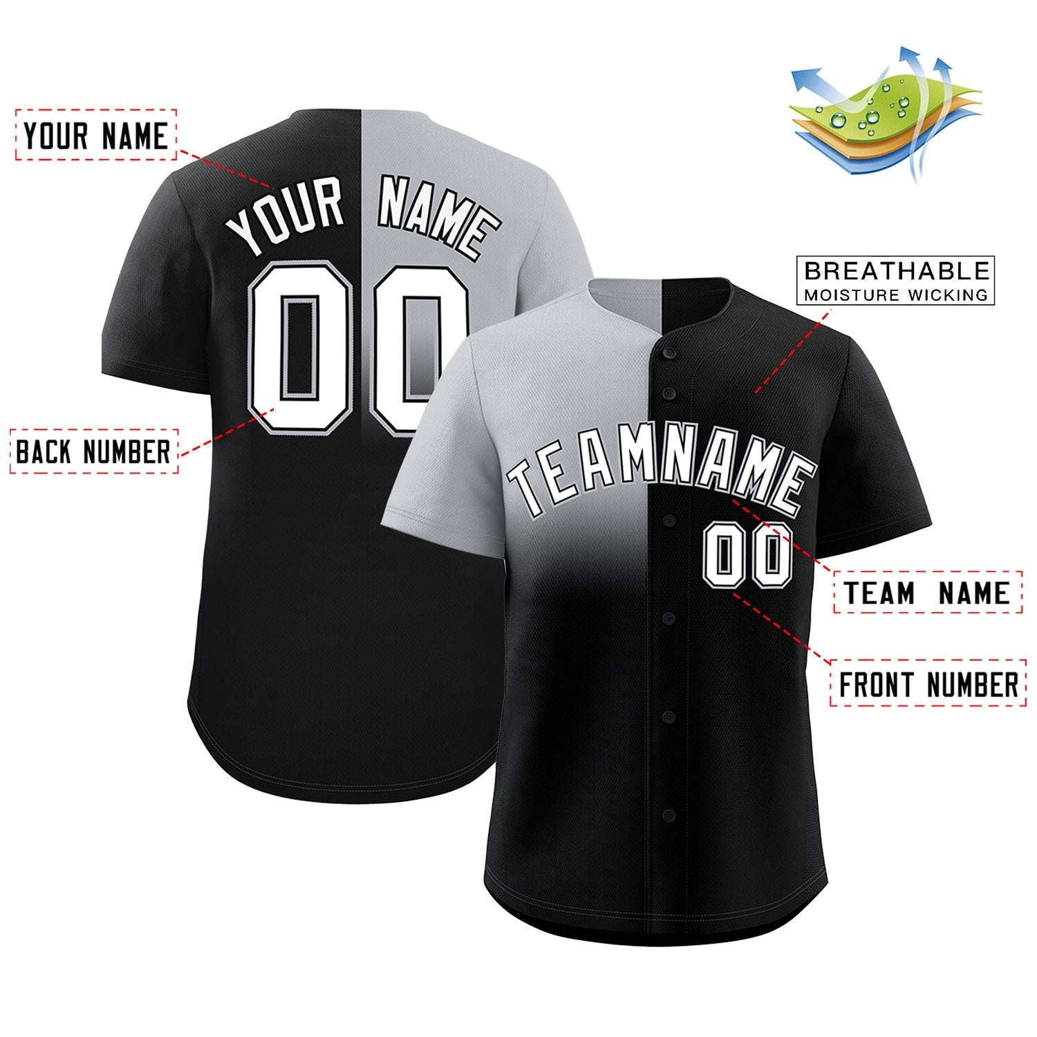 Custom Black Gray Personalized Half Gradient Design Authentic Baseball Jersey