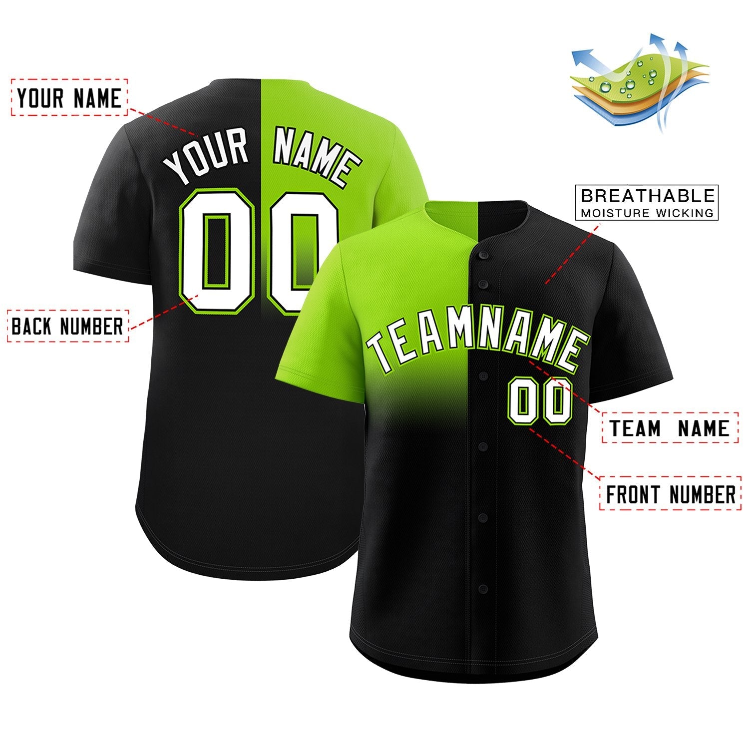 Custom Black Neon Green Personalized Half Gradient Design Authentic Baseball Jersey