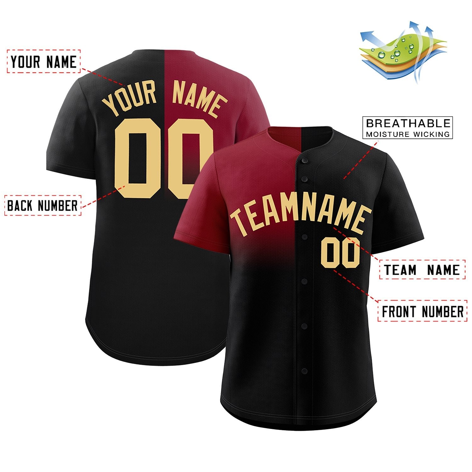 Custom Black Crimson Personalized Half Gradient Design Authentic Baseball Jersey