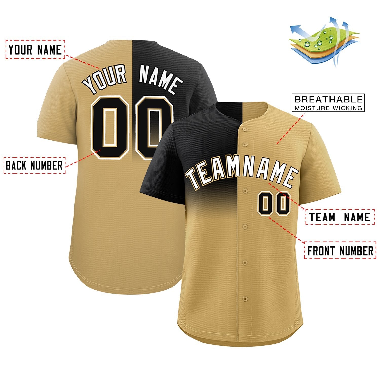 Custom Old Gold Black Personalized Half Gradient Design Authentic Baseball Jersey