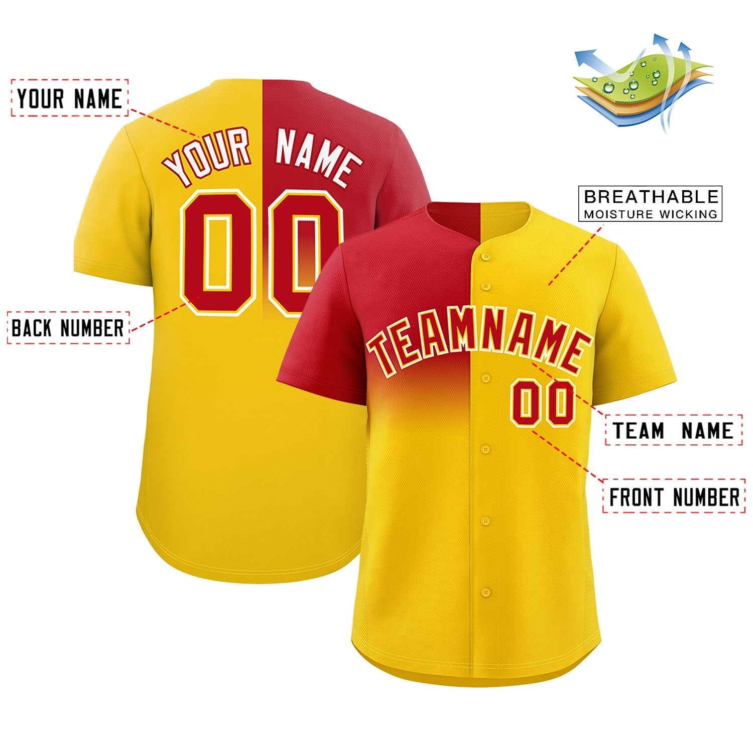 Custom Gold Red Personalized Half Gradient Design Authentic Baseball Jersey