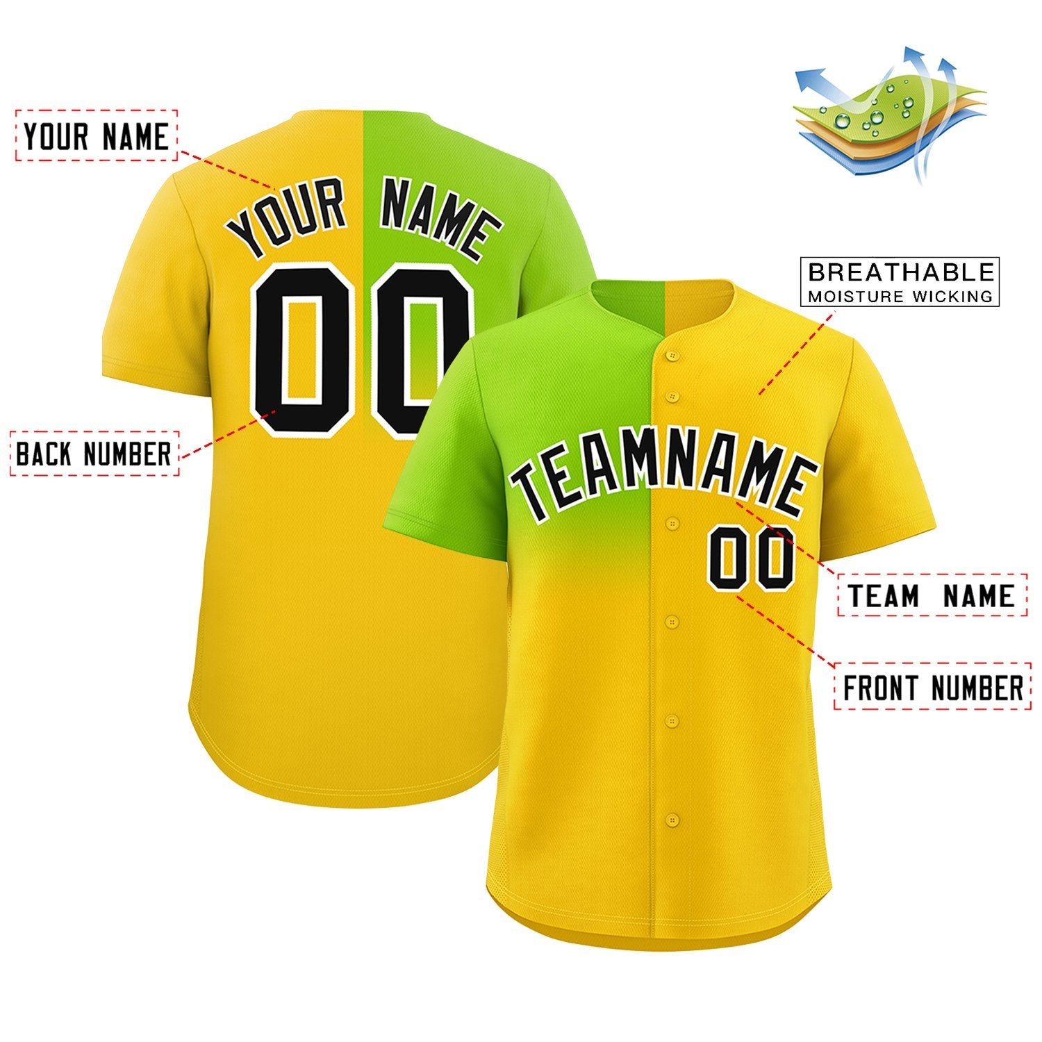 Custom Gold Neon Green Personalized Half Gradient Design Authentic Baseball Jersey