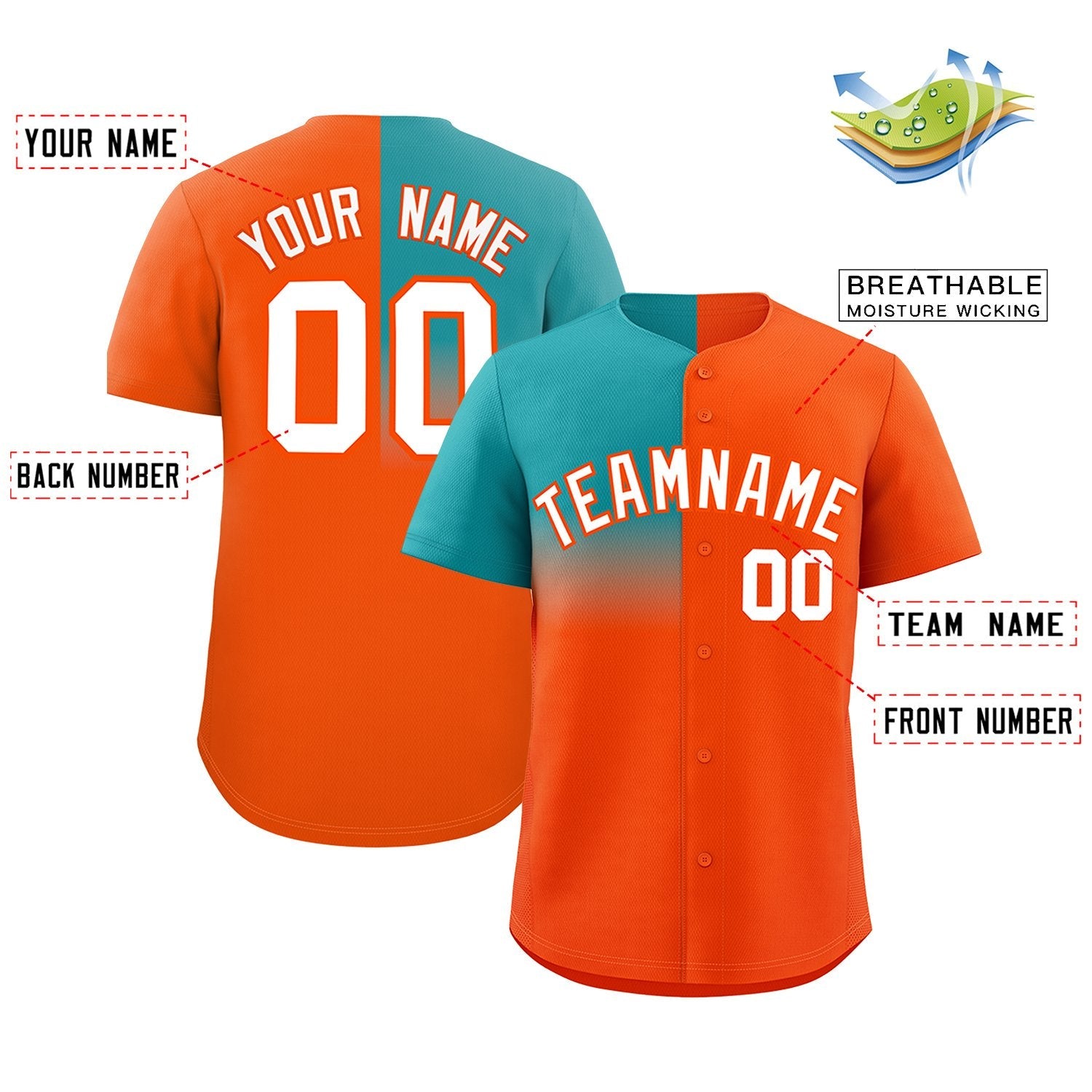 Custom Orange Aqua Personalized Half Gradient Design Authentic Baseball Jersey