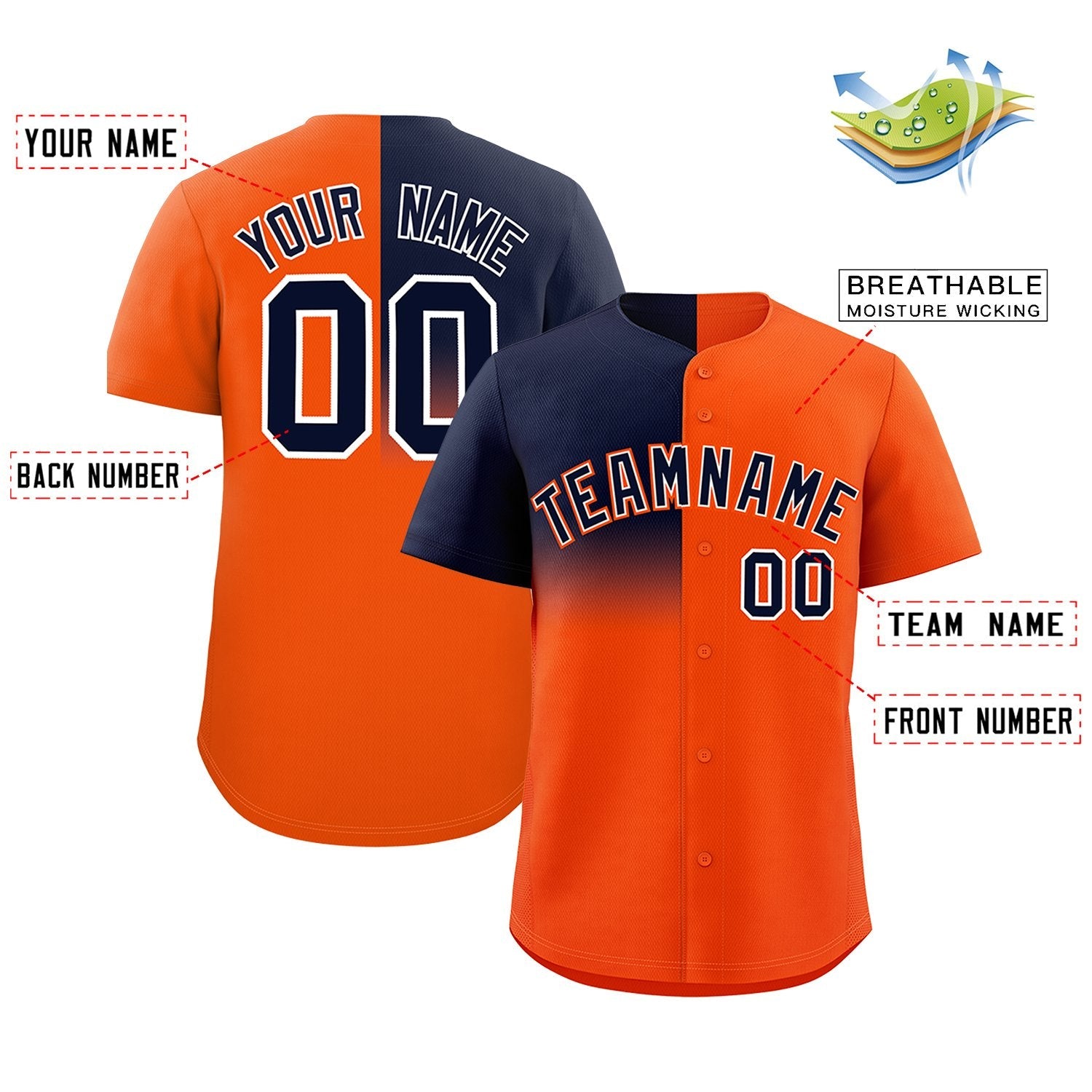 Custom Orange Navy Personalized Half Gradient Design Authentic Baseball Jersey