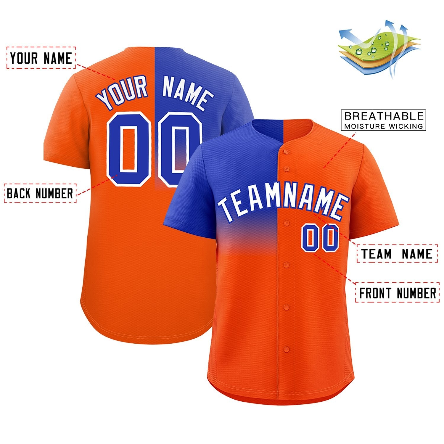 Custom Orange Royal Personalized Half Gradient Design Authentic Baseball Jersey