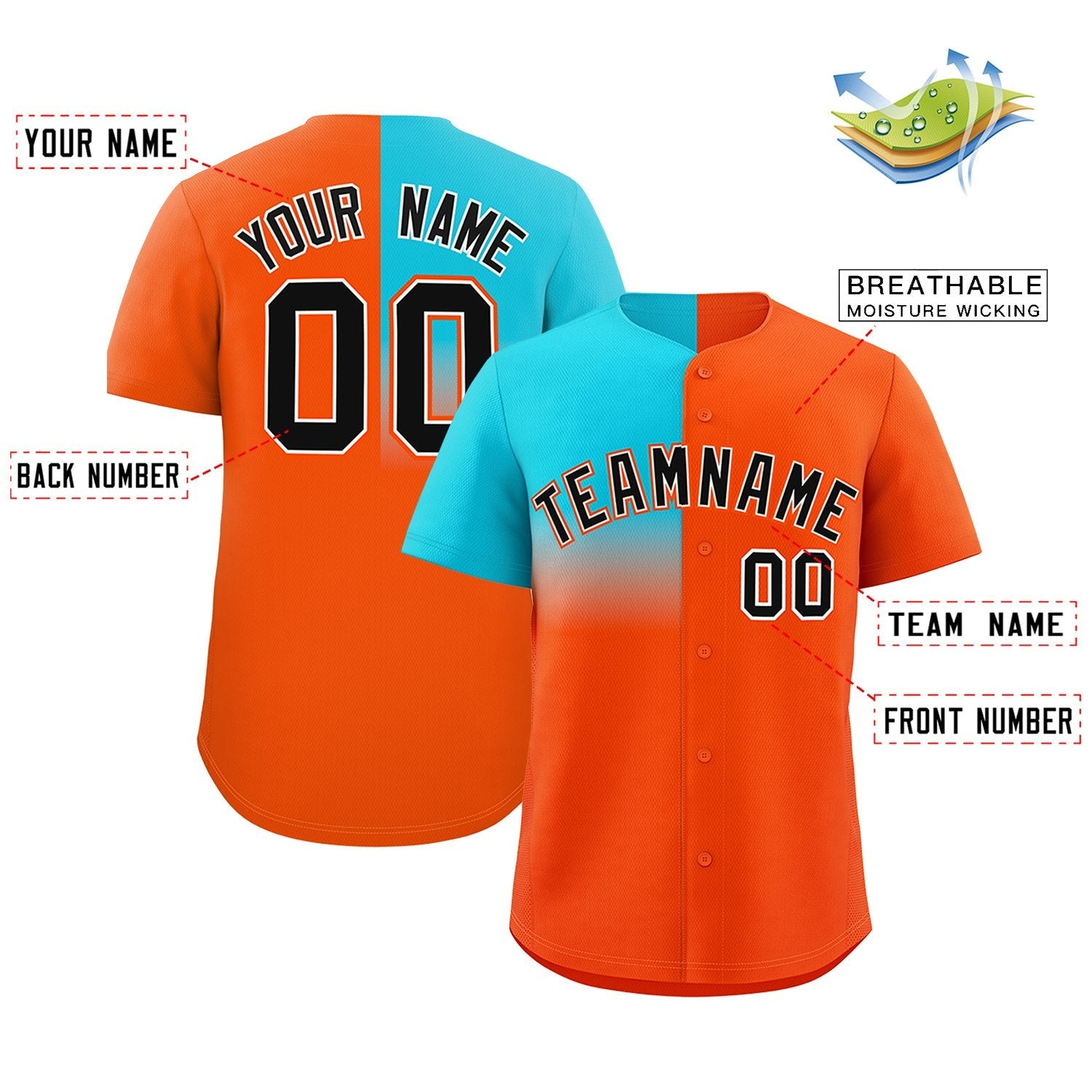 Custom Orange Sky Blue Personalized Half Gradient Design Authentic Baseball Jersey