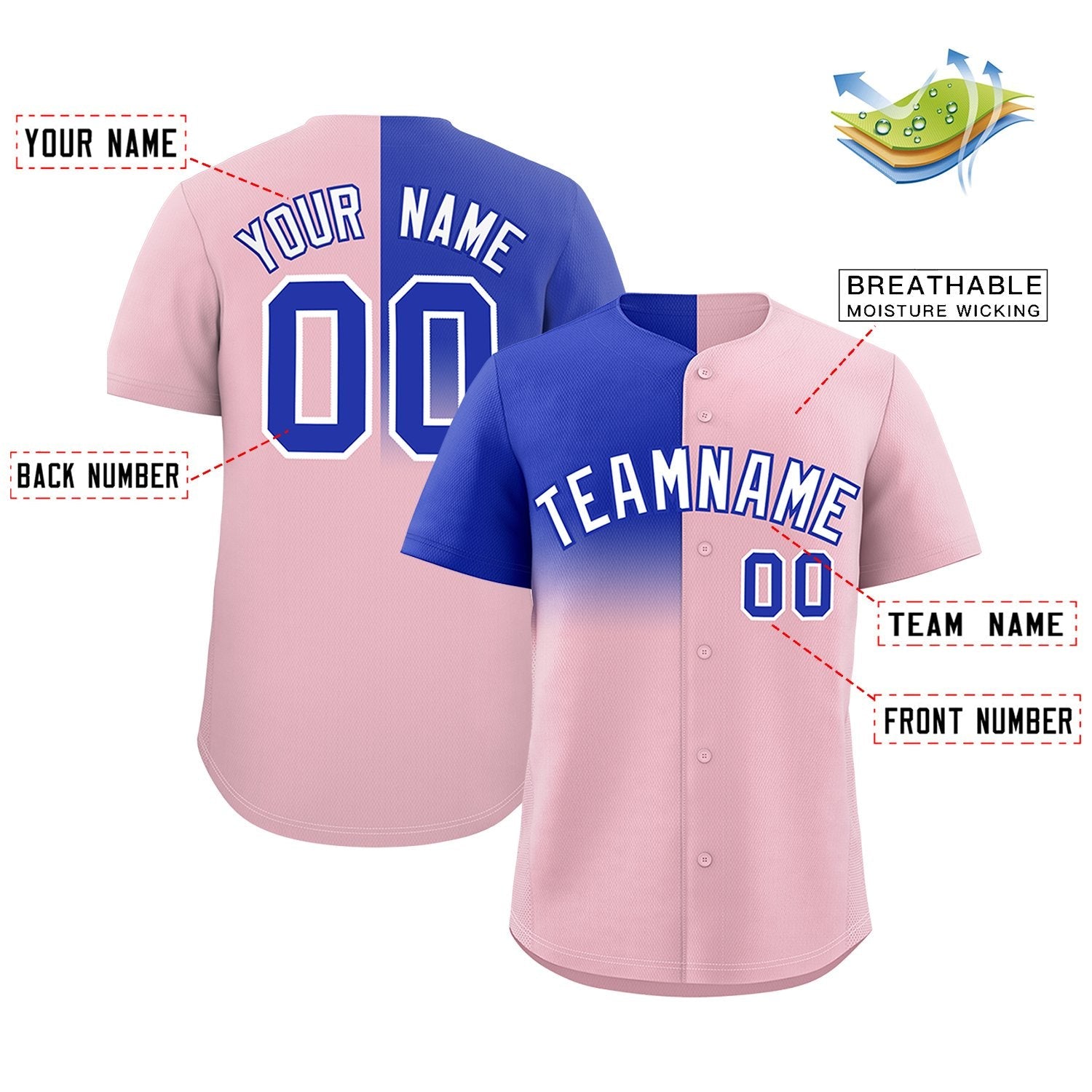 Custom Light Pink Royal Personalized Half Gradient Design Authentic Baseball Jersey