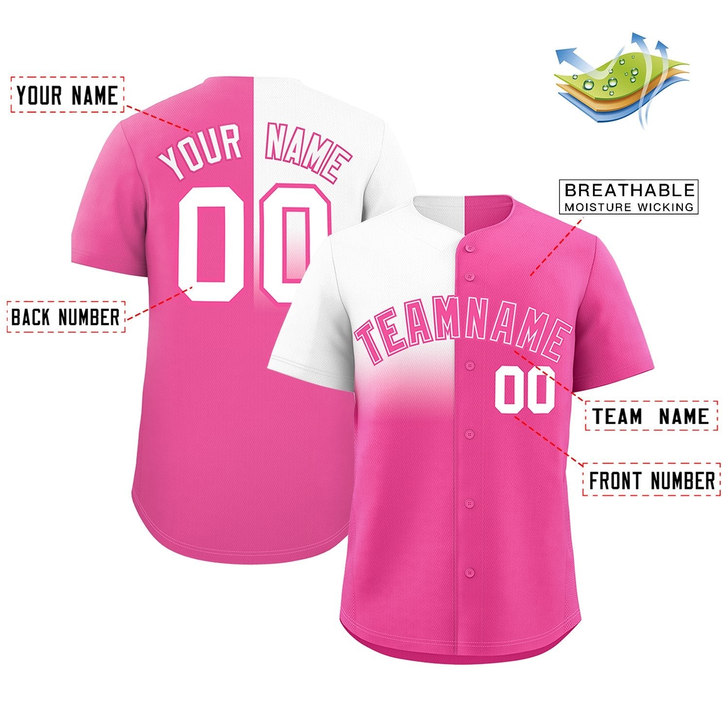 Custom Pink White Personalized Half Gradient Design Authentic Baseball Jersey