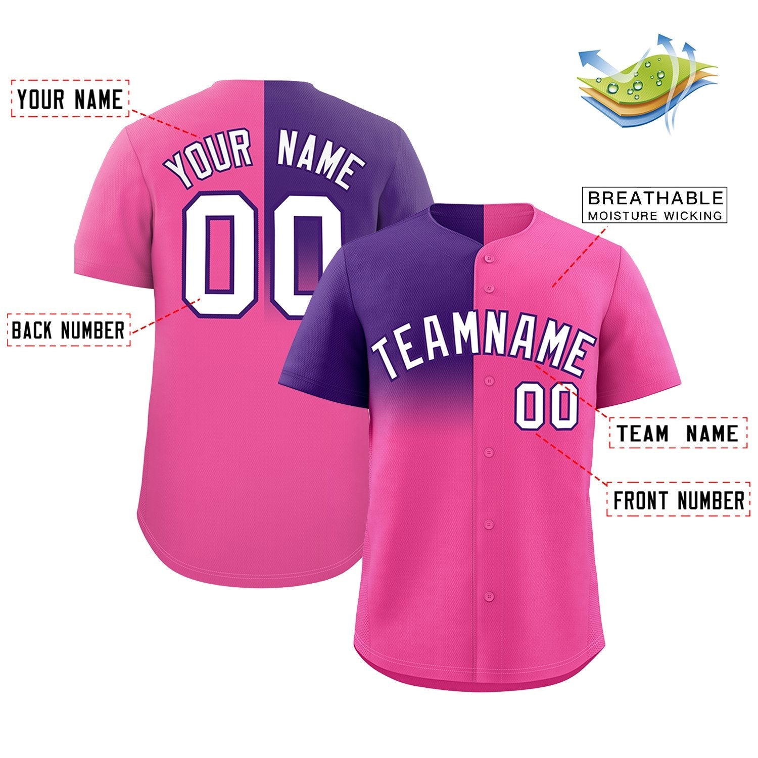 Custom Pink Purple Personalized Half Gradient Design Authentic Baseball Jersey