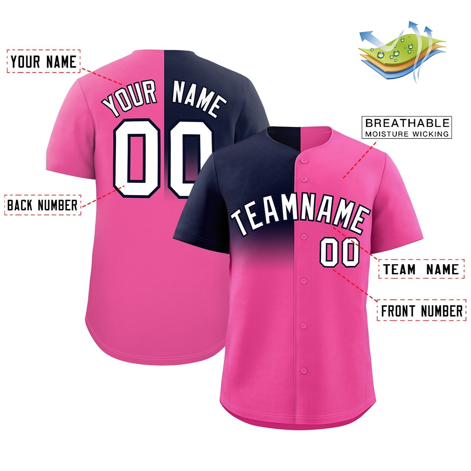 Custom Pink Navy Personalized Half Gradient Design Authentic Baseball Jersey