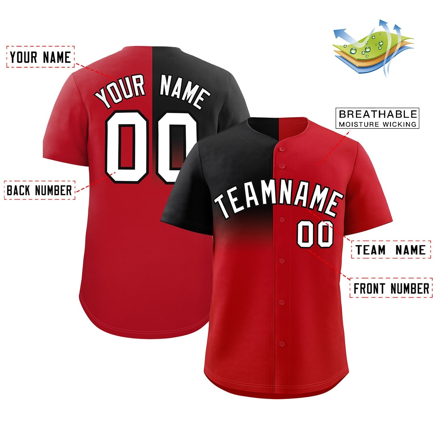 Custom Red Black Personalized Half Gradient Design Authentic Baseball Jersey