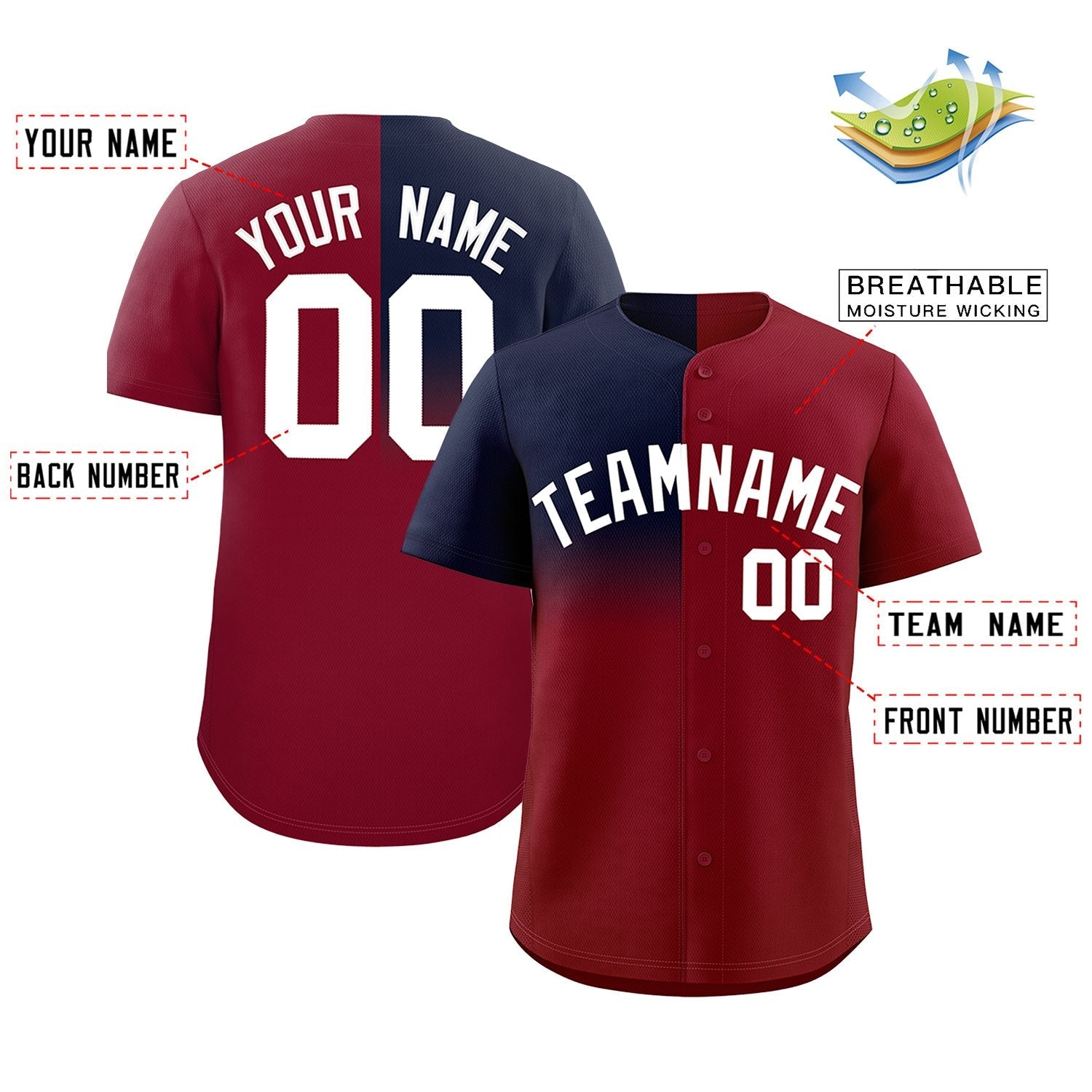 Custom Crimson Navy Personalized Half Gradient Design Authentic Baseball Jersey