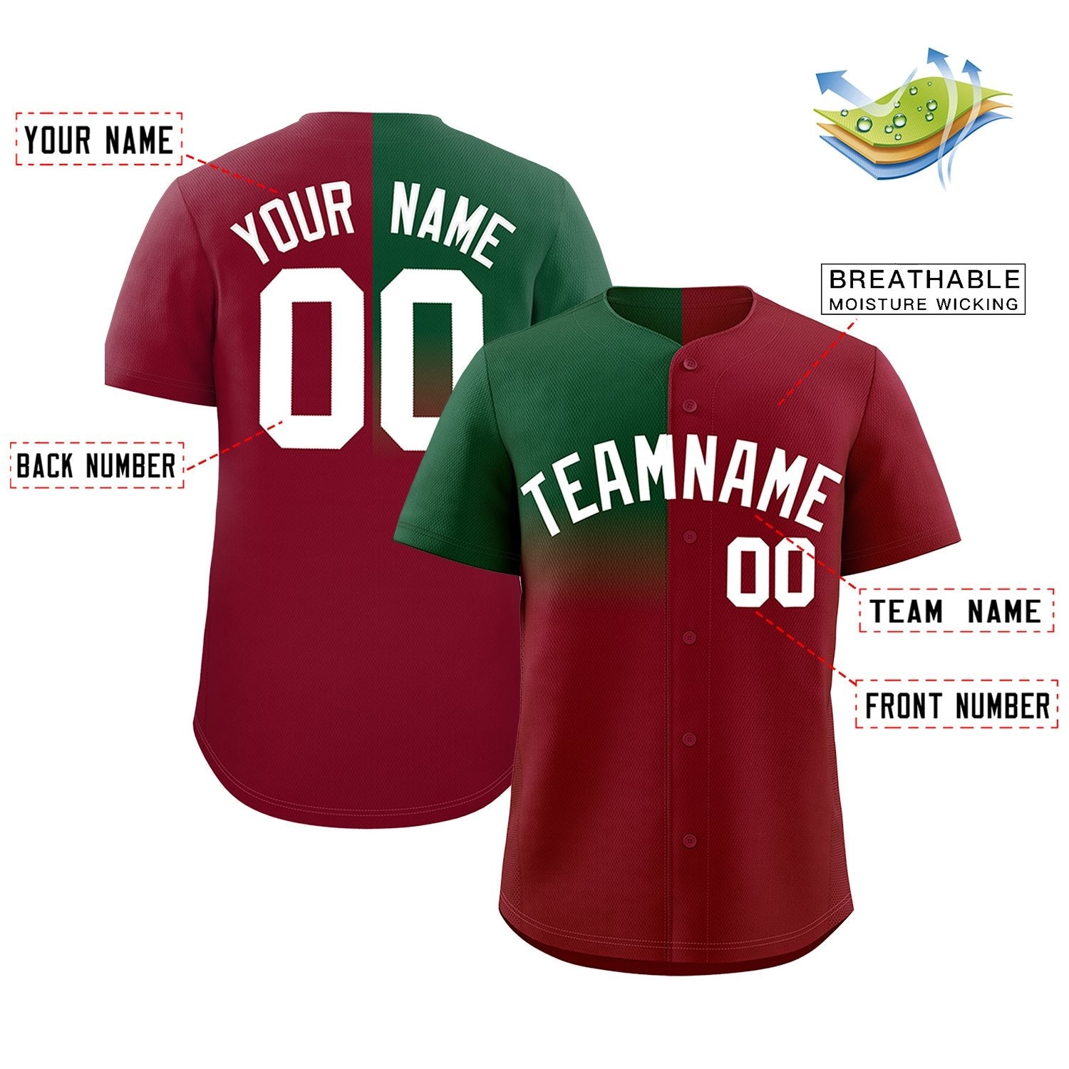 Custom Crimson Green Personalized Half Gradient Design Authentic Baseball Jersey