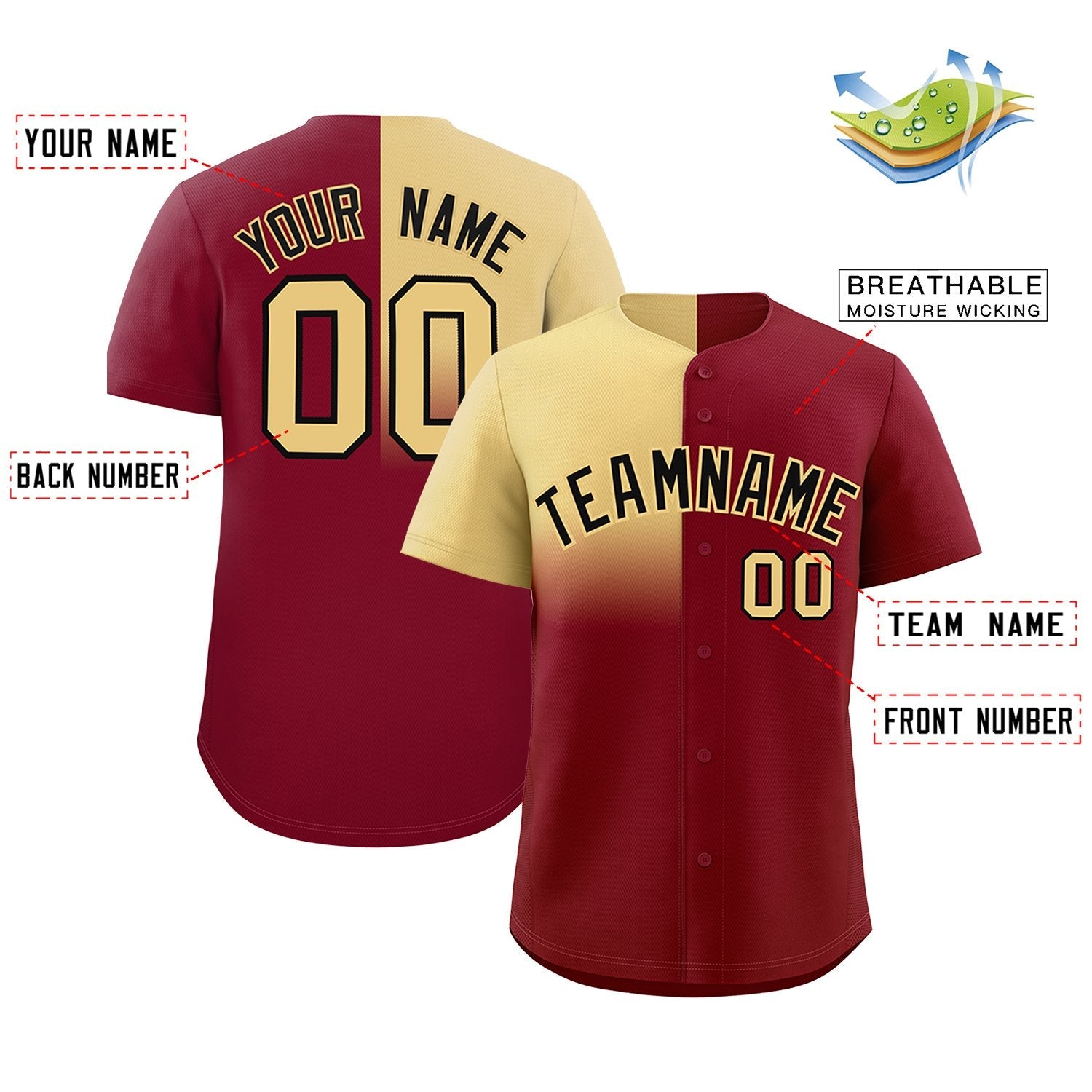 Custom Crimson Khaki Personalized Half Gradient Design Authentic Baseball Jersey