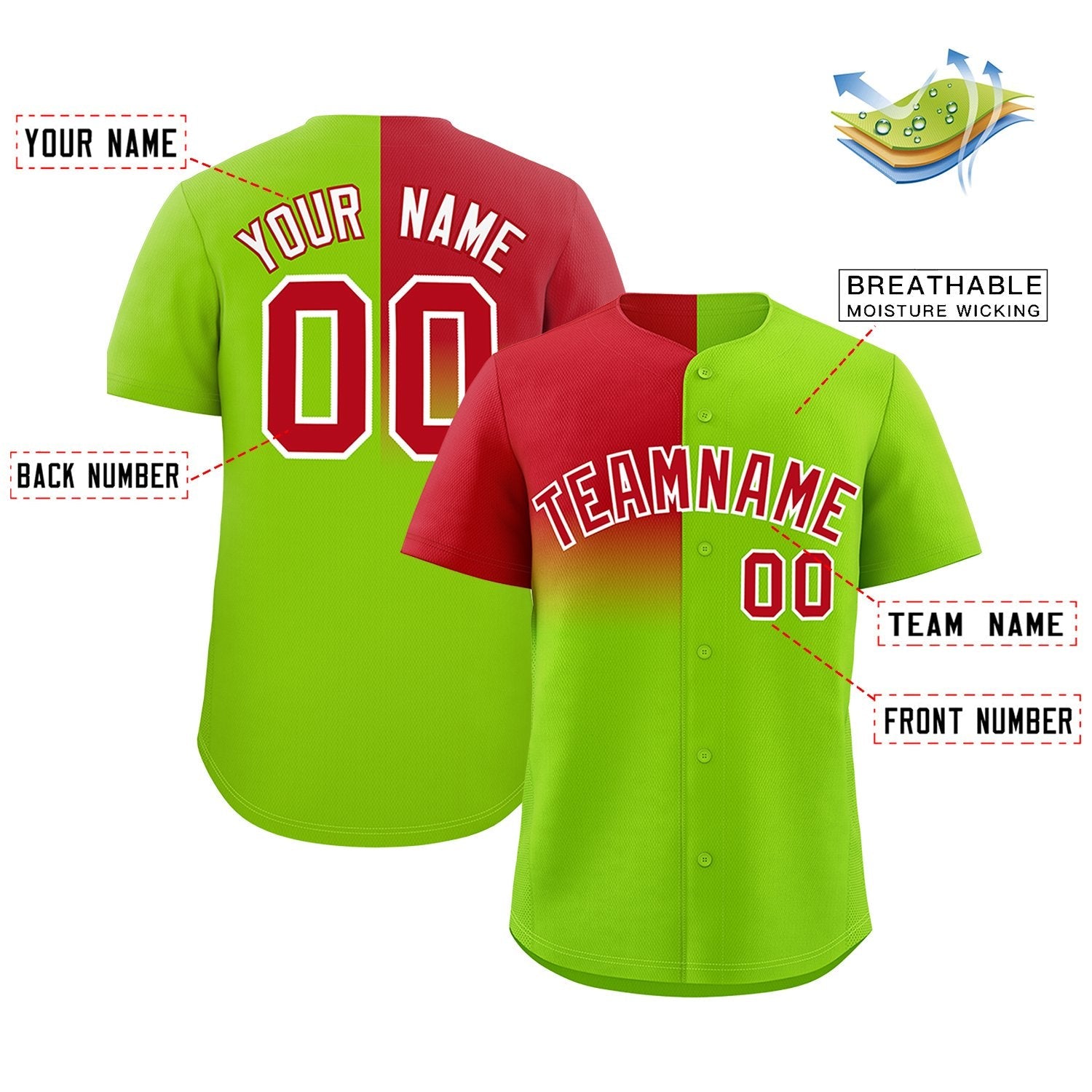 Custom Neon Green Red Personalized Half Gradient Design Authentic Baseball Jersey