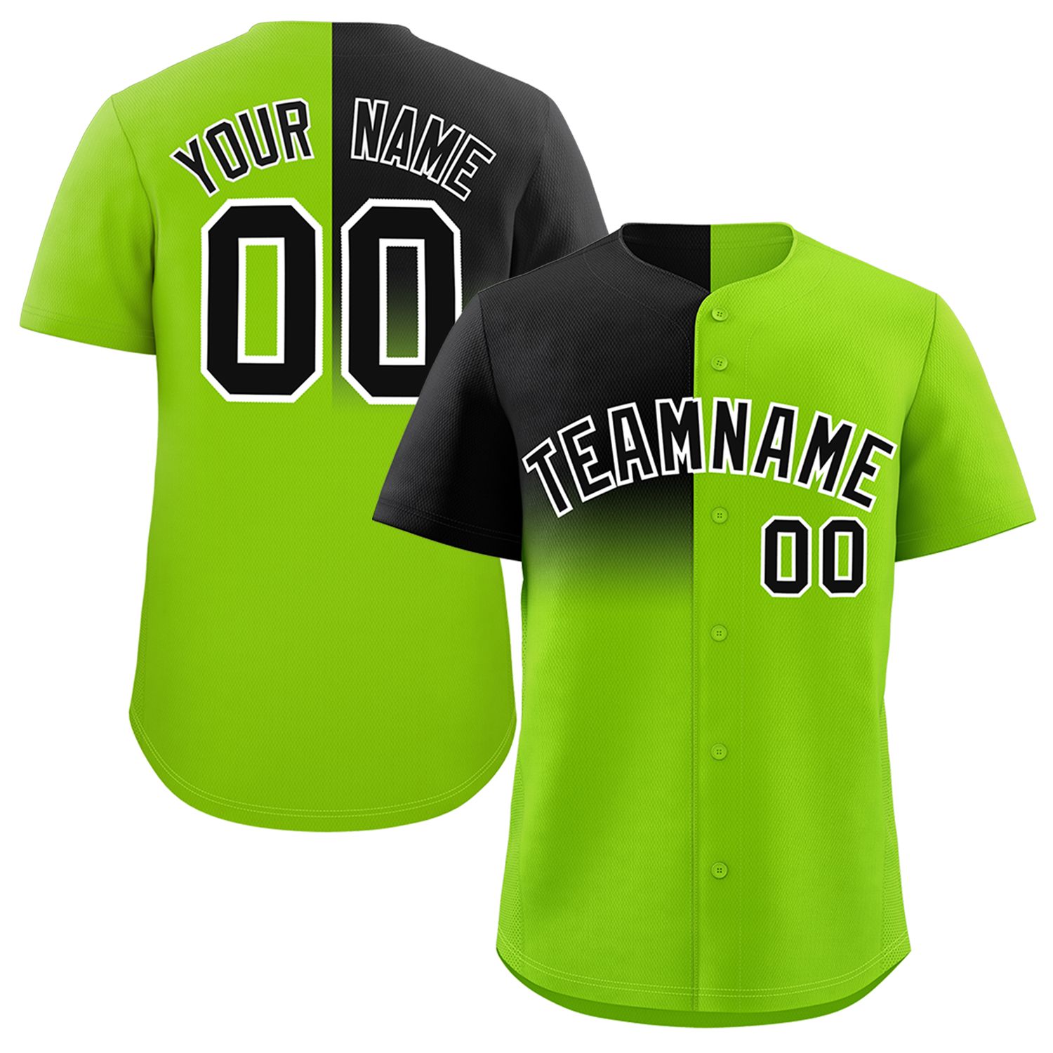 Custom Neon Green Black Personalized Half Gradient Design Authentic Baseball Jersey