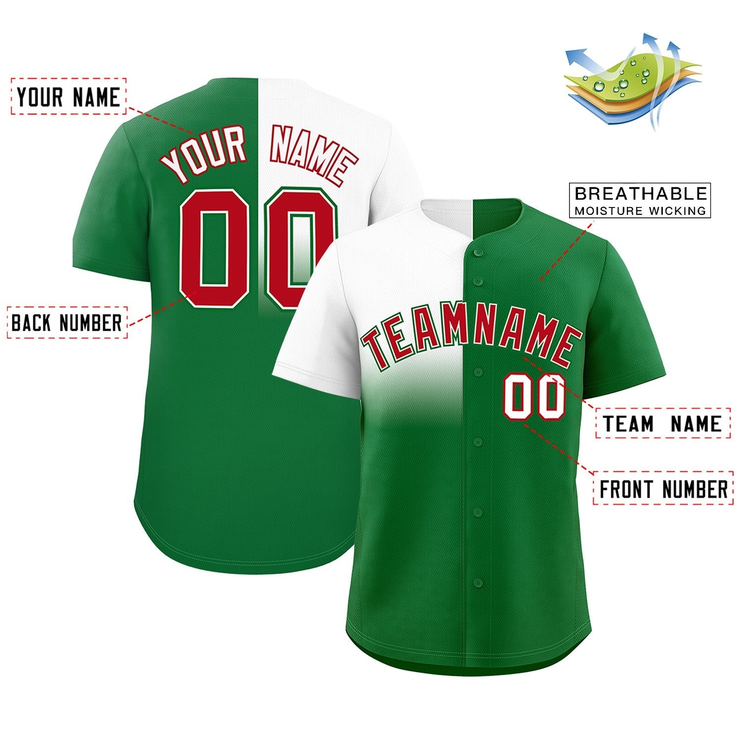 Custom Kelly Green White Personalized Half Gradient Design Authentic Baseball Jersey