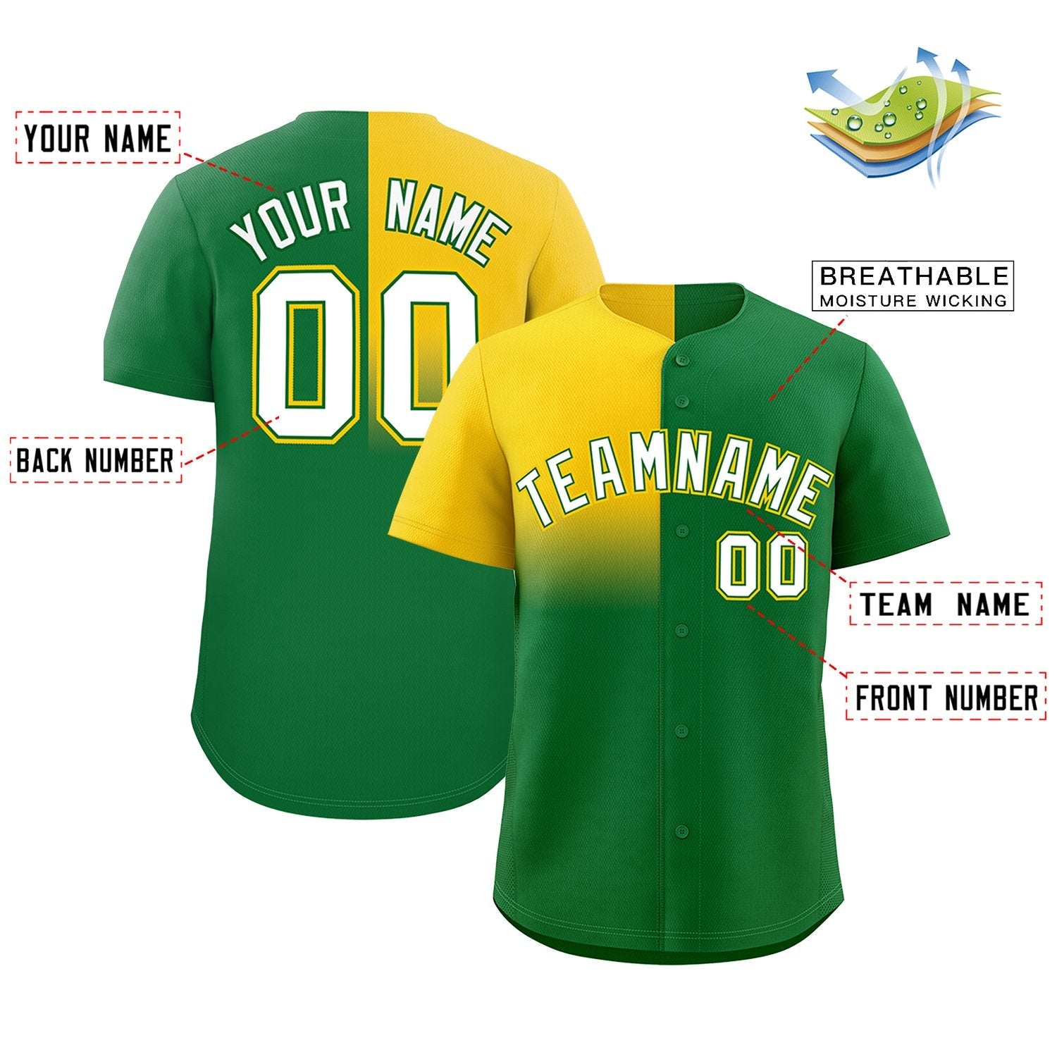 Custom Kelly Green Gold Personalized Half Gradient Design Authentic Baseball Jersey