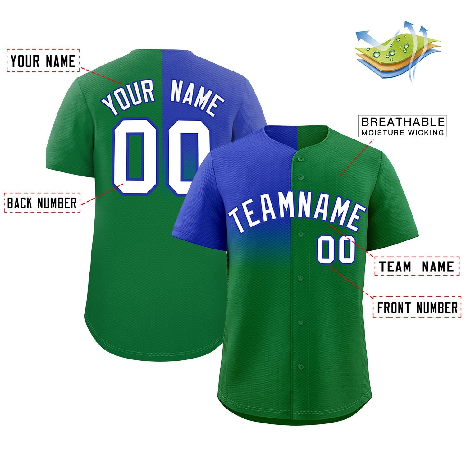 Custom Kelly Green Royal Personalized Half Gradient Design Authentic Baseball Jersey