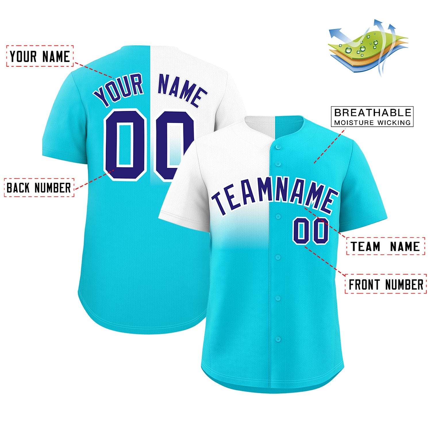 Custom Sky Blue White Personalized Half Gradient Design Authentic Baseball Jersey