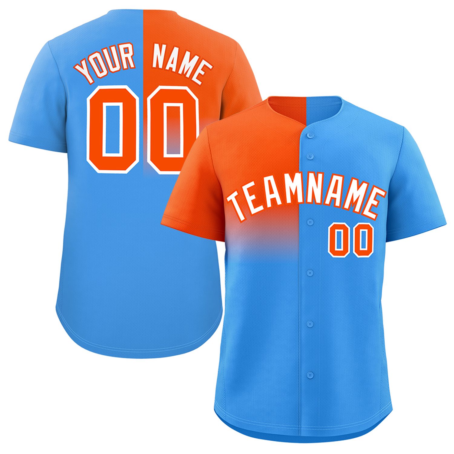 Custom Powder Blue Orange Personalized Half Gradient Design Authentic Baseball Jersey