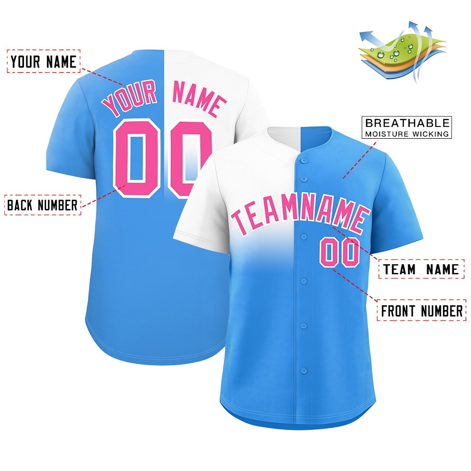 Custom Powder Blue White Personalized Half Gradient Design Authentic Baseball Jersey