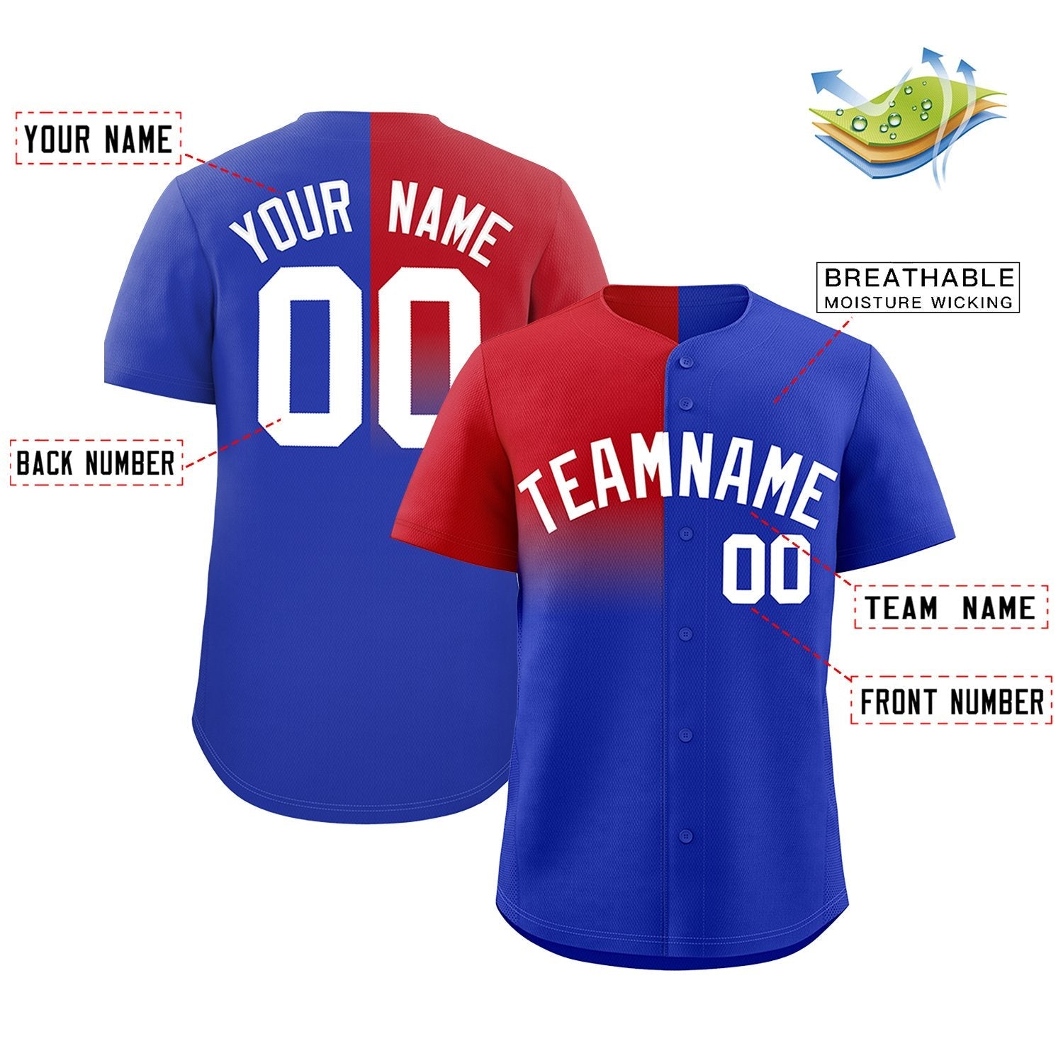 Custom Royal Red Personalized Half Gradient Design Authentic Baseball Jersey