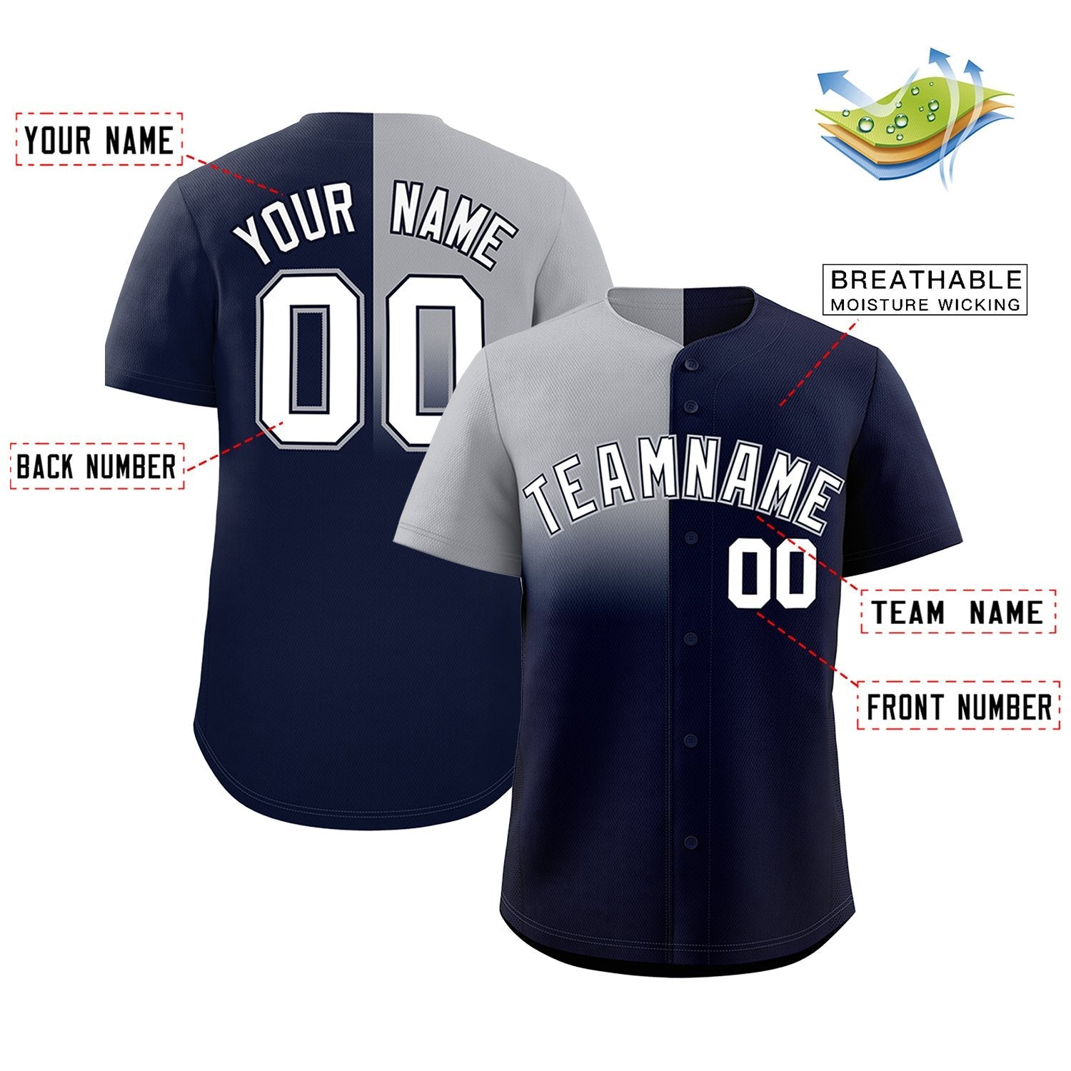 Custom Navy Gray Personalized Half Gradient Design Authentic Baseball Jersey