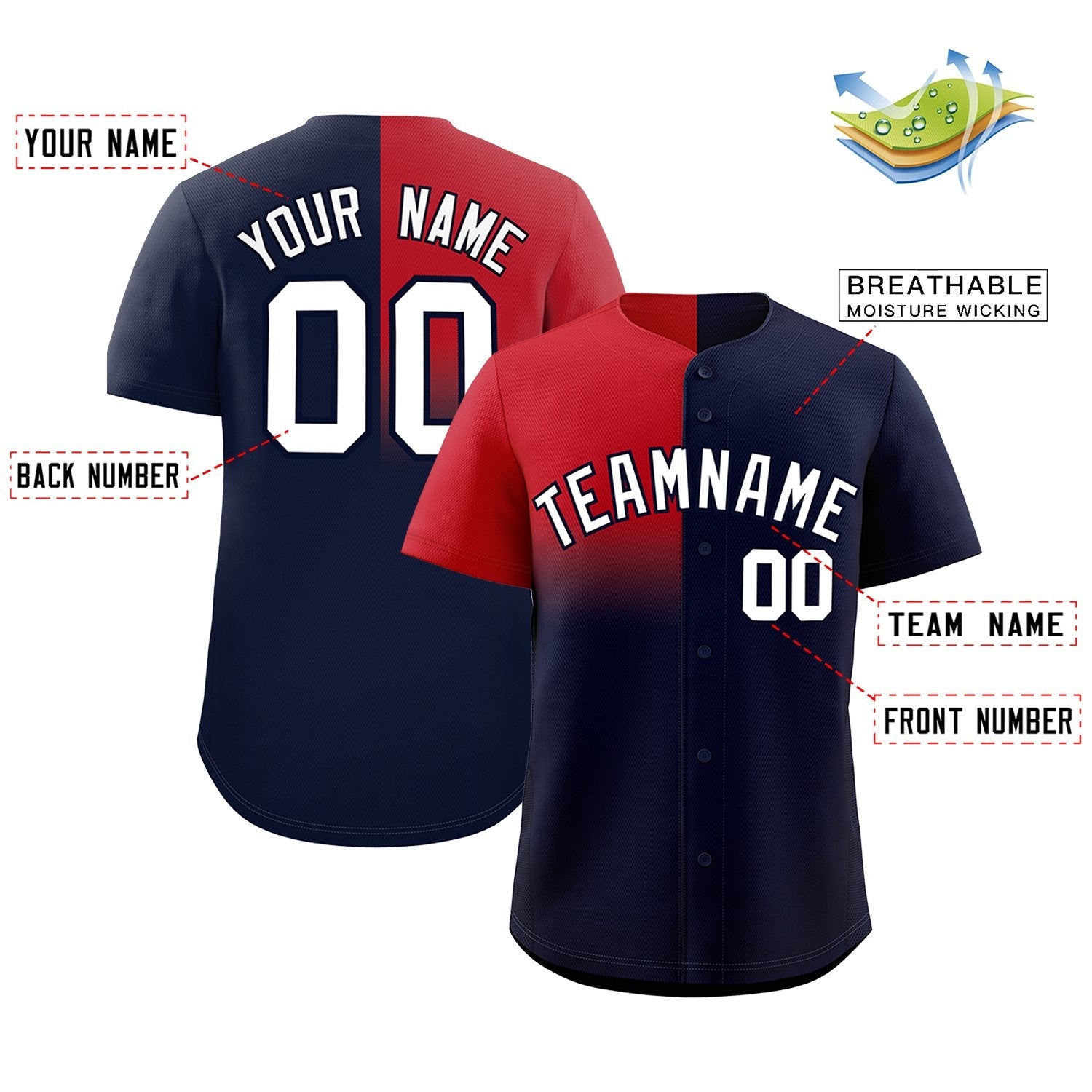 Custom Navy Red Personalized Half Gradient Design Authentic Baseball Jersey