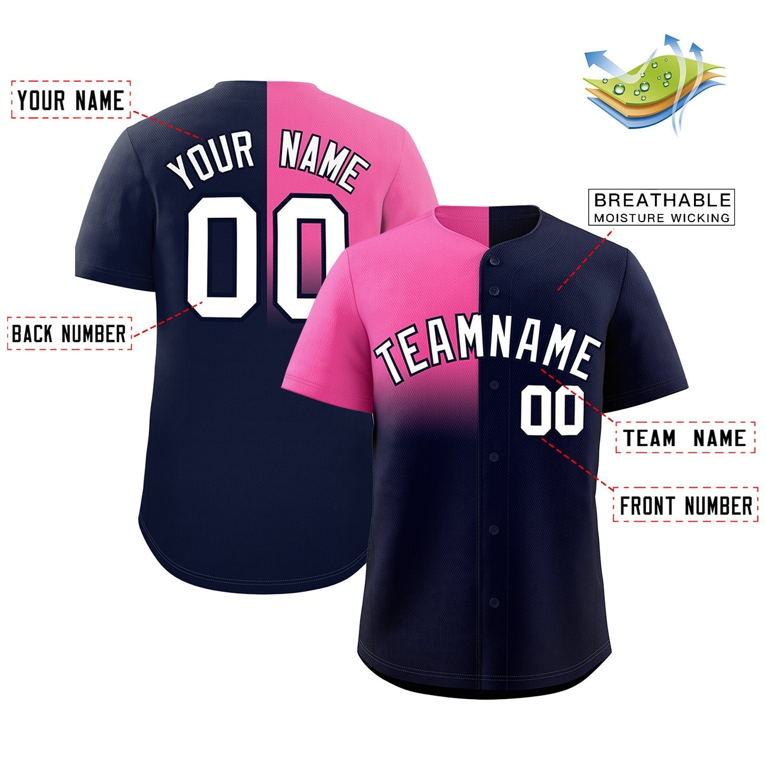 Custom Navy Pink Personalized Half Gradient Design Authentic Baseball Jersey