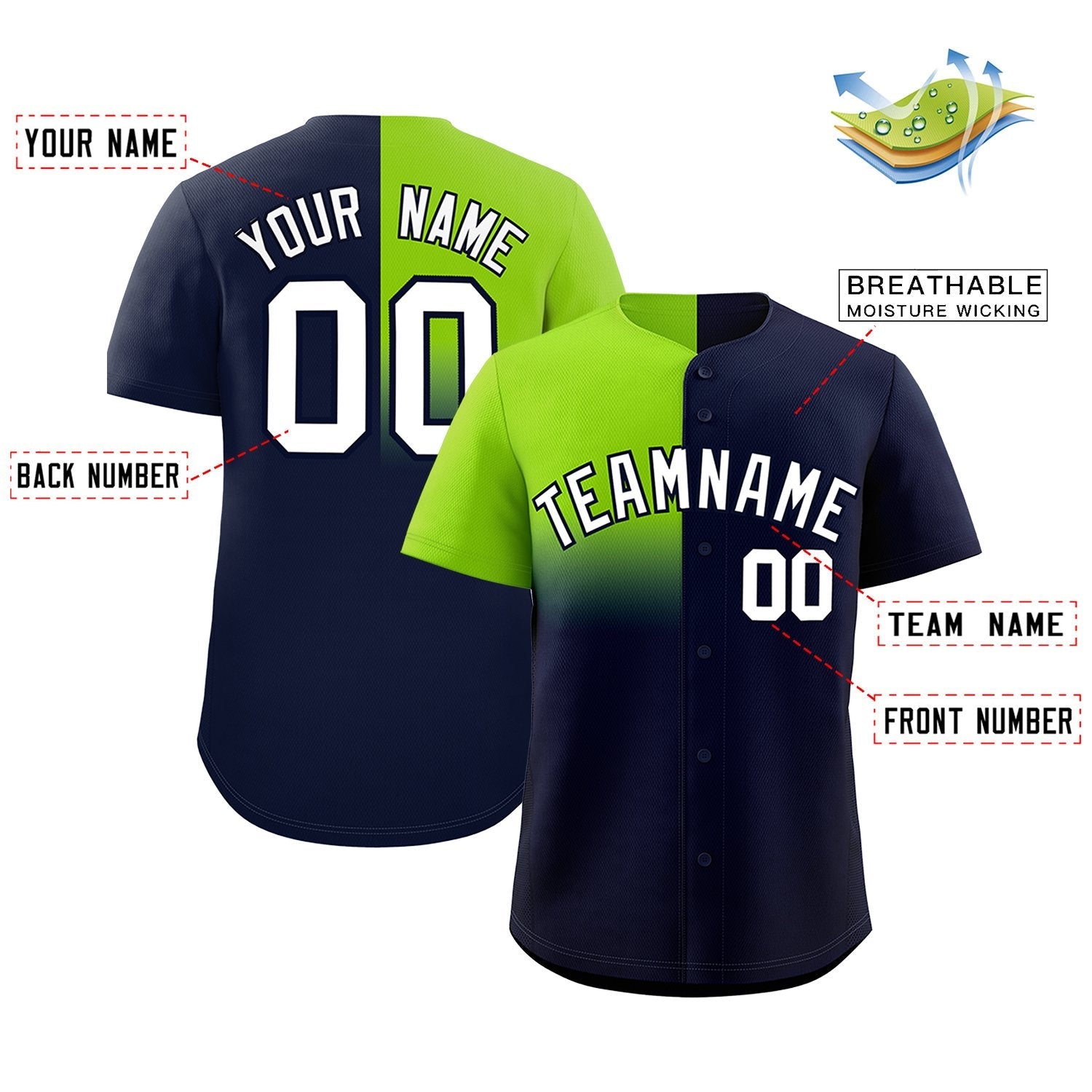 Custom Navy Neon Green Personalized Half Gradient Design Authentic Baseball Jersey