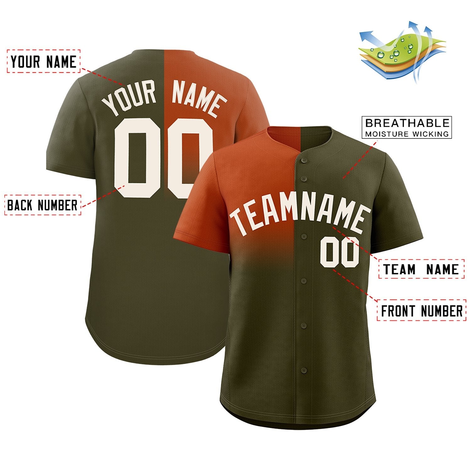 Custom Olive Texas Orange Personalized Half Gradient Design Authentic Baseball Jersey