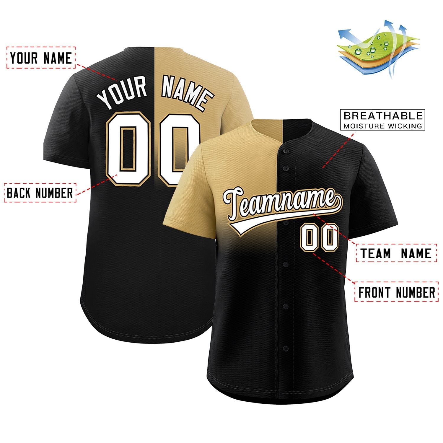 Custom Black Old Gold Personalized Half Gradient Design Authentic Baseball Jersey