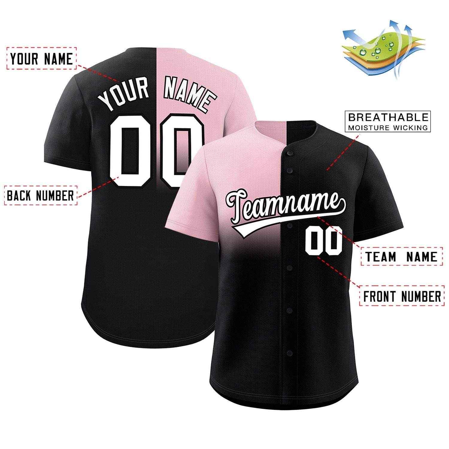 Custom Black Light Pink Personalized Half Gradient Design Authentic Baseball Jersey