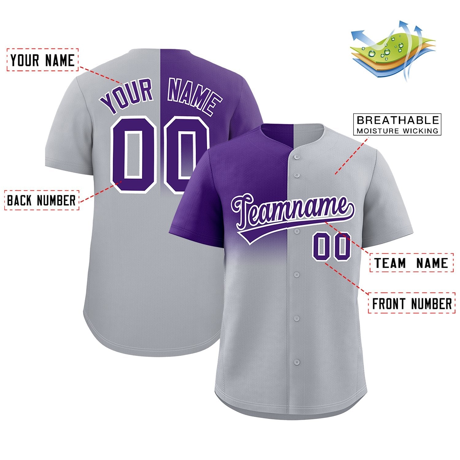 Custom Gray Purple Personalized Half Gradient Design Authentic Baseball Jersey