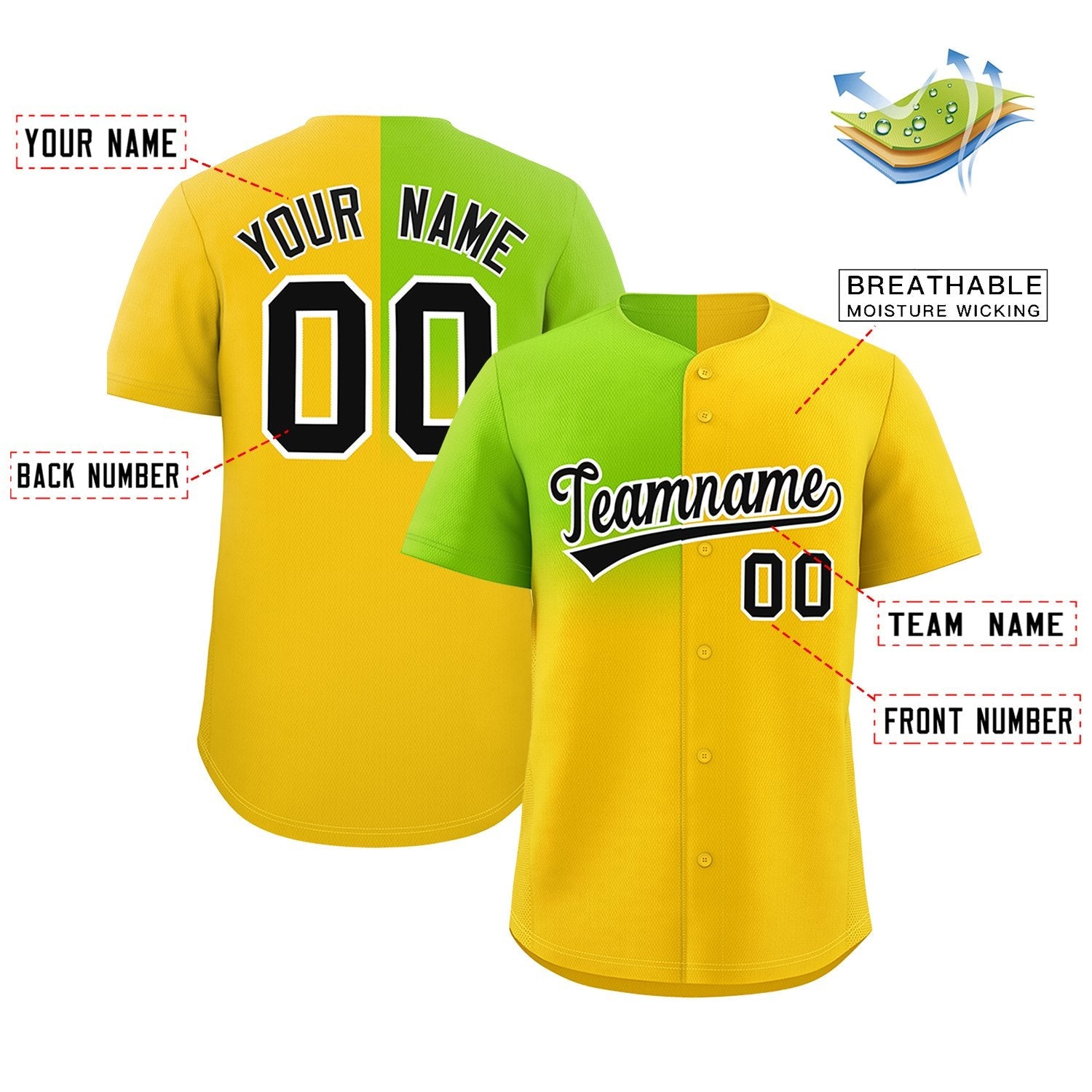 Custom Gold Neon Green Personalized Half Gradient Design Authentic Baseball Jersey