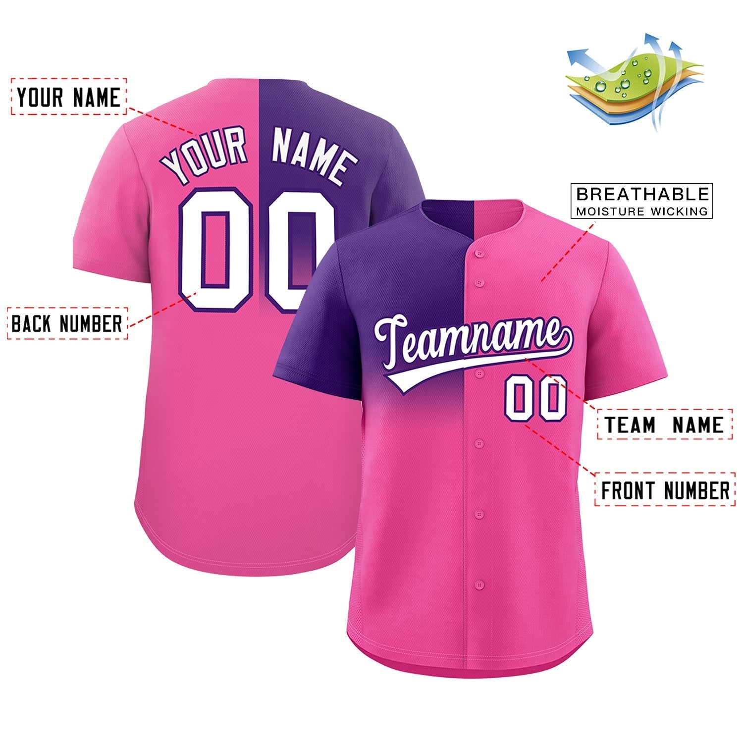 Custom Pink Purple Personalized Half Gradient Design Authentic Baseball Jersey