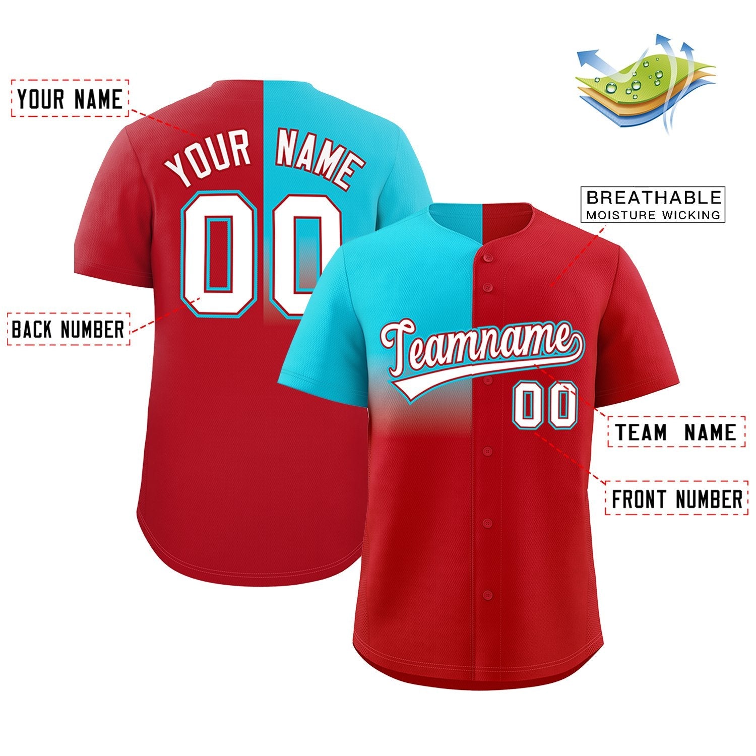 Custom Red Sky Blue Personalized Half Gradient Design Authentic Baseball Jersey