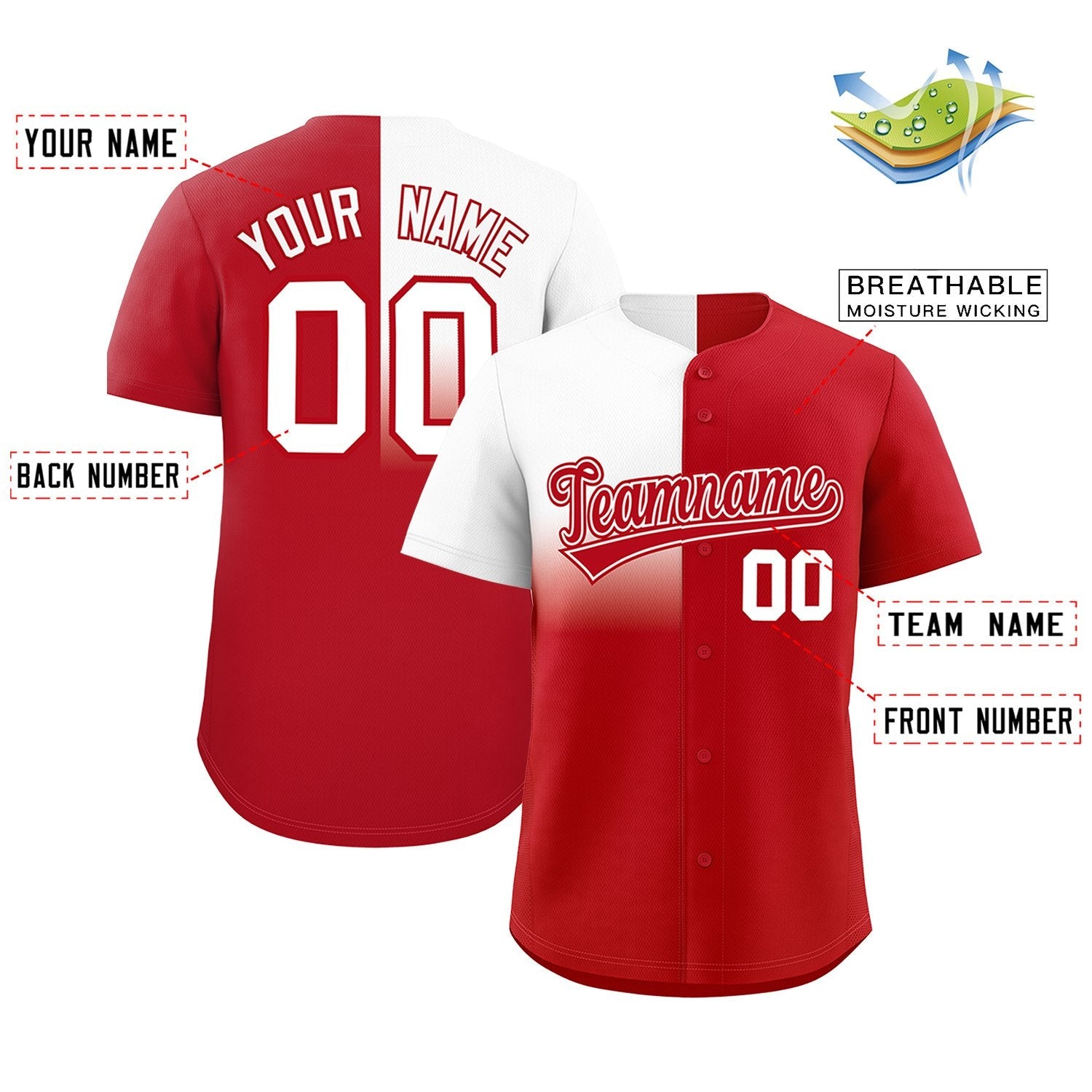 Custom Red White Personalized Half Gradient Design Authentic Baseball Jersey