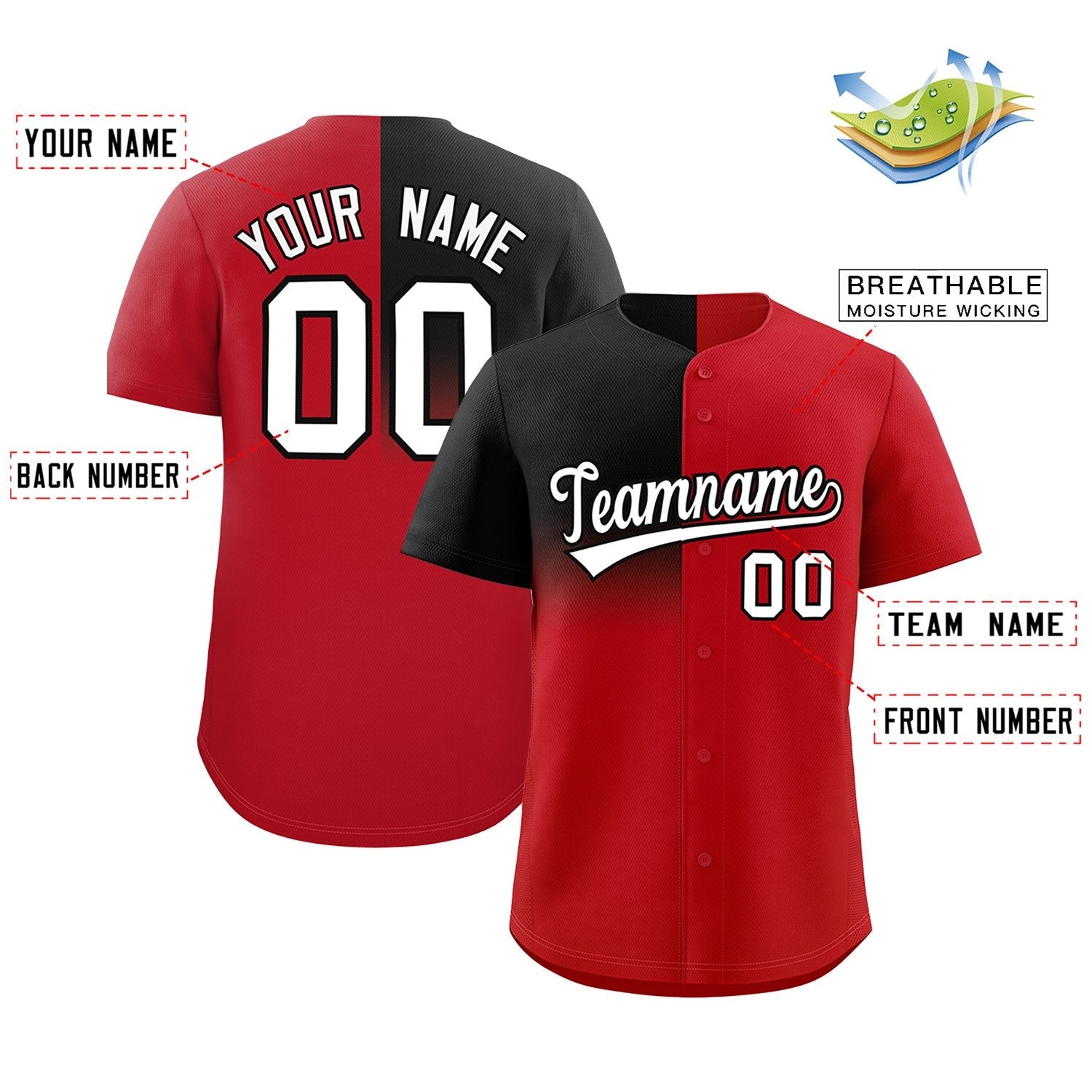 Custom Red Black Personalized Half Gradient Design Authentic Baseball Jersey