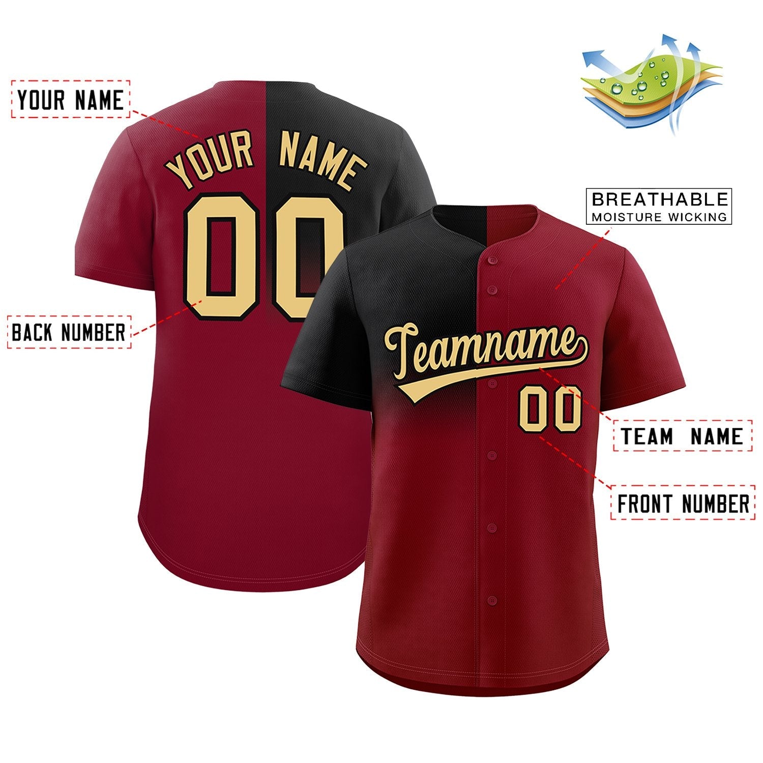 Custom Crimson Black Personalized Half Gradient Design Authentic Baseball Jersey