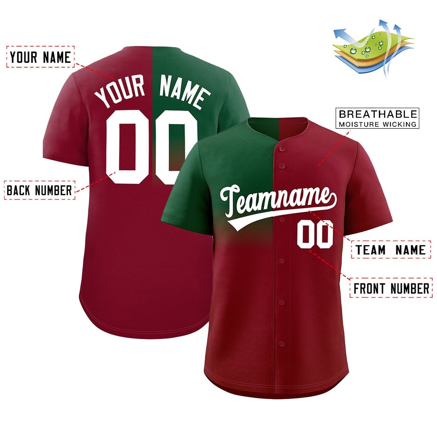 Custom Crimson Green Personalized Half Gradient Design Authentic Baseball Jersey