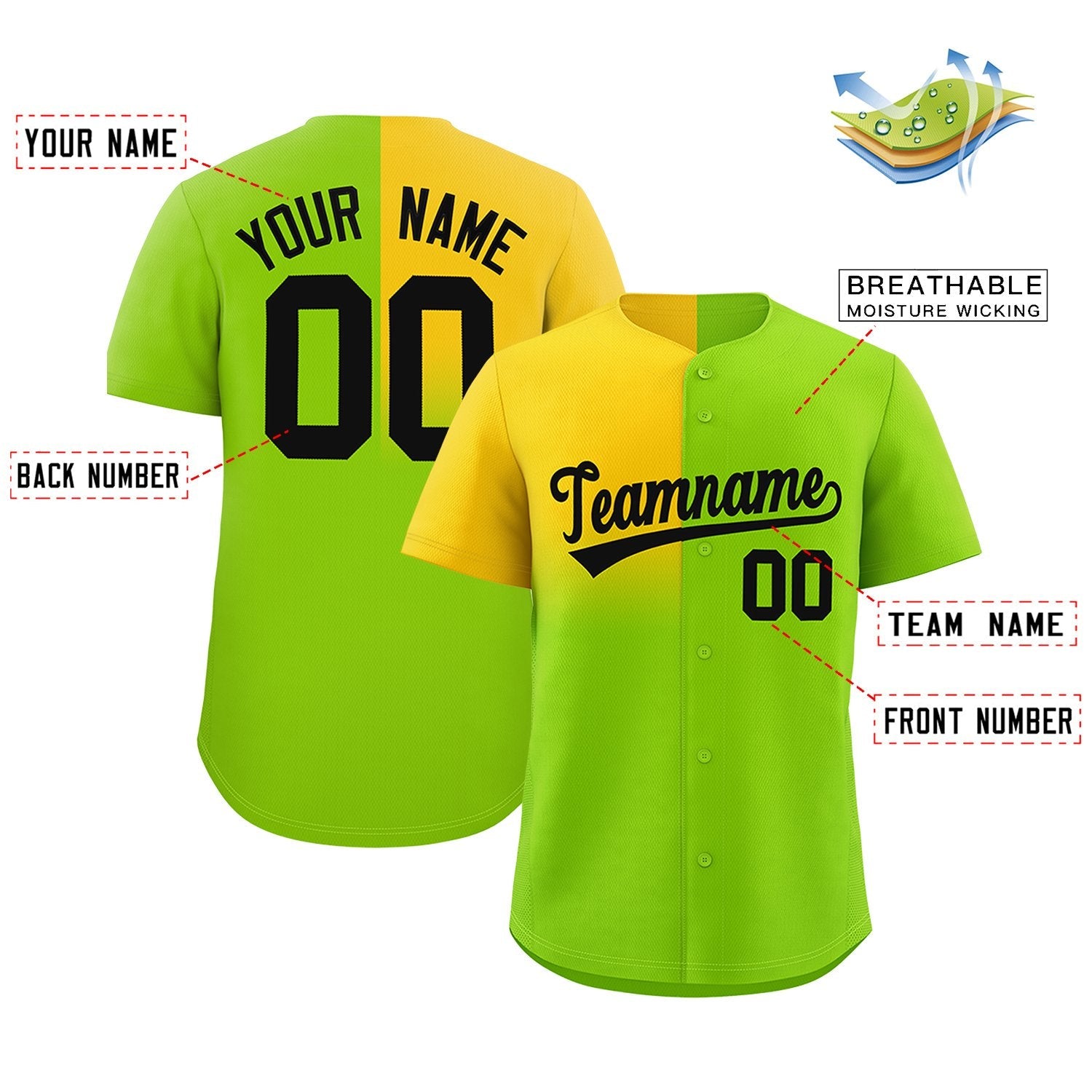 Custom Neon Green Gold Personalized Half Gradient Design Authentic Baseball Jersey